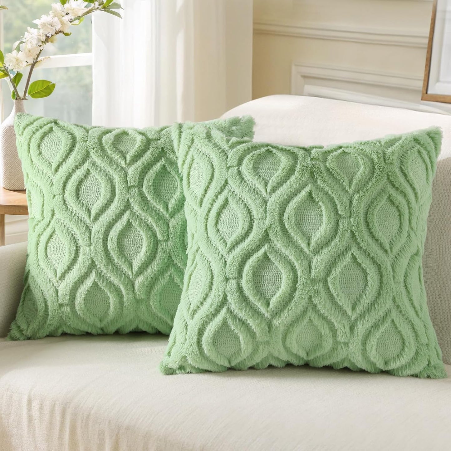 decorUhome Throw Pillow Covers 22x22 Inch Set of 2, Soft Plush Decorative Faux Fur Sage Green Solid Couch Pillow Covers, Accent Farmhouse Neutral Square Euro Pillow Cases for Sofa Bed Living Room