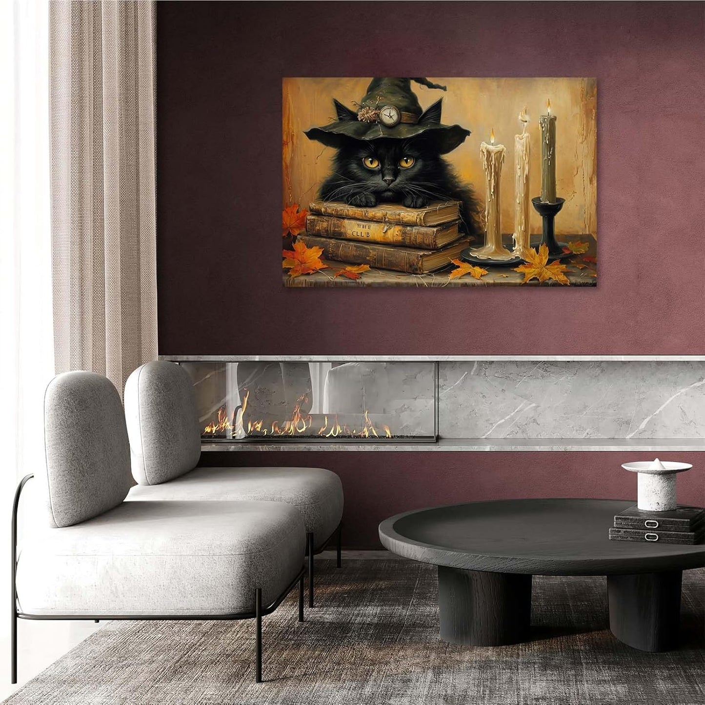 Vintage Halloween wall decoration black cat and magic book suitable for home bedroom living room decoration dark classic art witch wall decoration16x24in Wood Framed