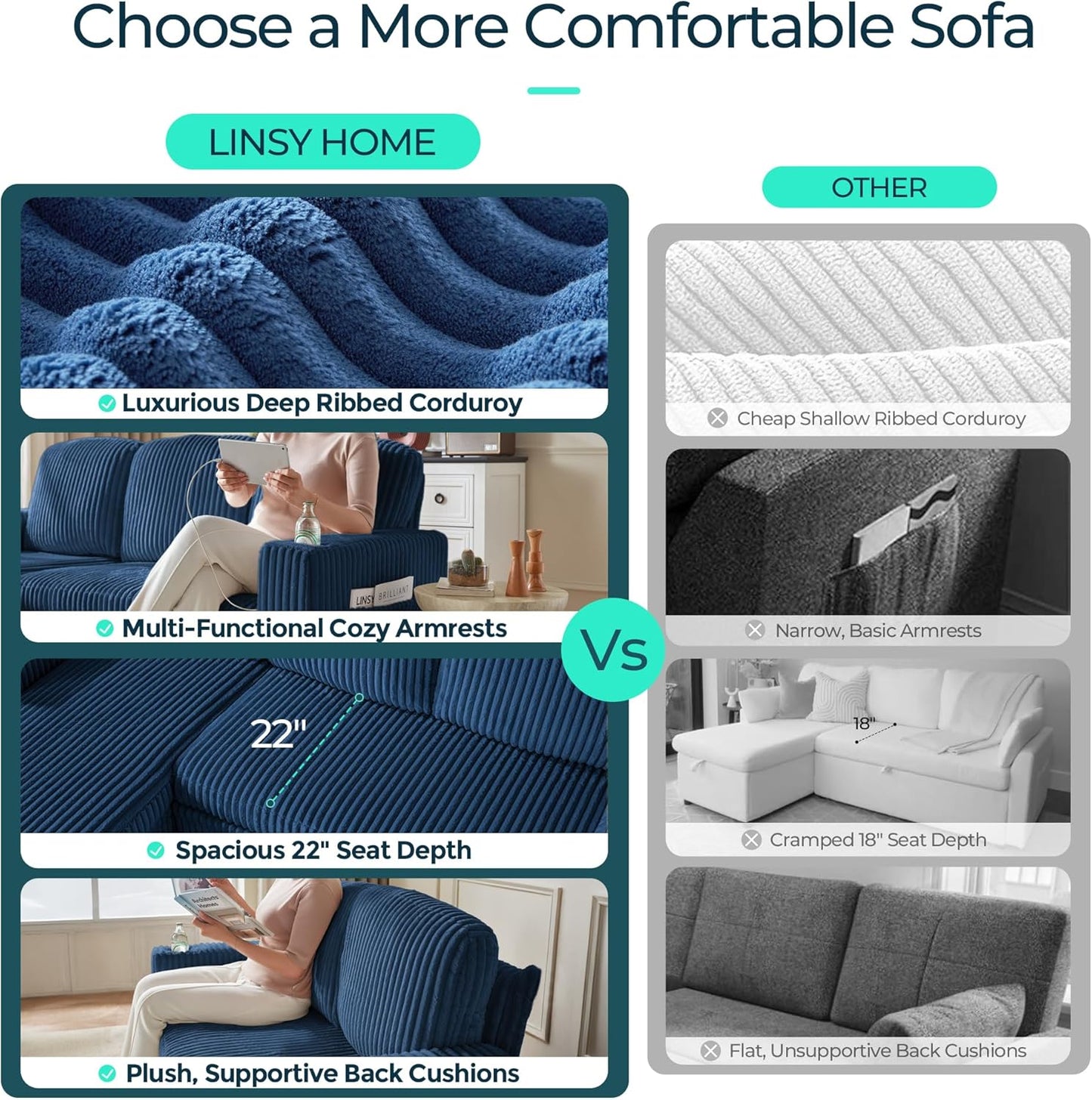 LINSY HOME Sectional Sleeper Sofa with Pull Out Couch Bed - Convertible Plush Corduroy Cloud Couch with Storage Chaise & USB Charging, Comfy L Shaped Modular Couches for Living Room Apartment, Blue