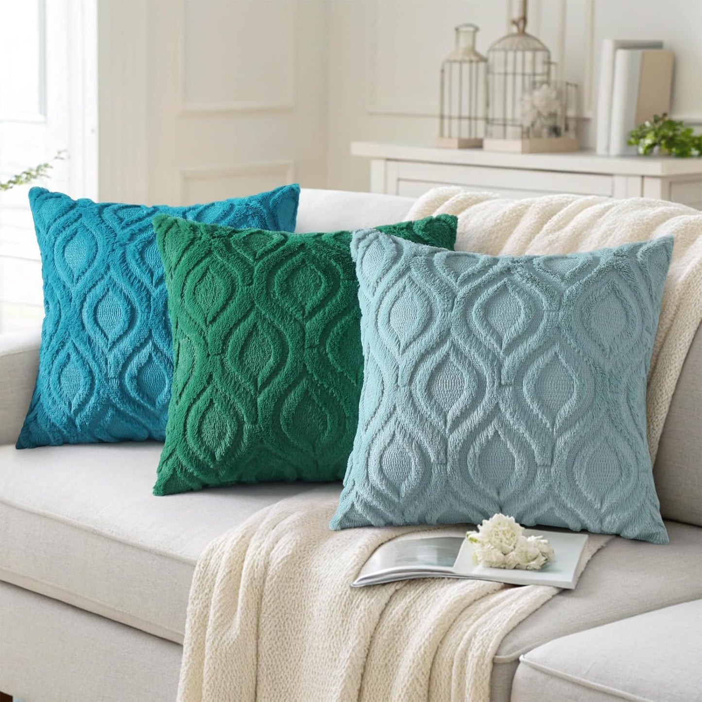 decorUhome Fall Throw Pillow Covers 16x16 Inch Set of 2, Soft Plush Decorative Faux Fur Teal Solid Couch Pillow Covers, Accent Farmhouse Neutral Square Euro Pillow Cases for Sofa Bed Living Room