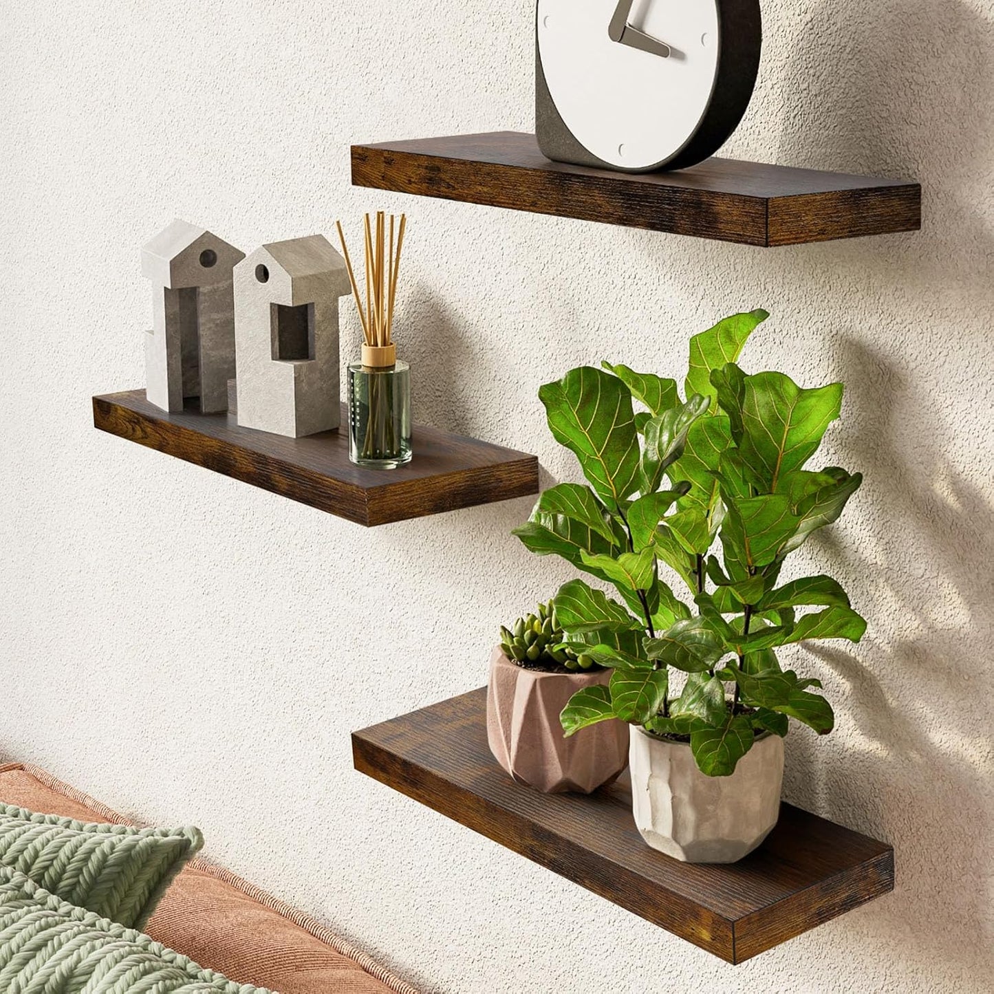 BAYKA Bathroom Floating Shelves for Wall – Bathroom Shelf Over Toilet Farmhouse Rustic Wood for Bedroom, Kitchen, or Living Room Decor – Rustic Brown, Set of 3, Sturdy Storage with 22lb Capacity