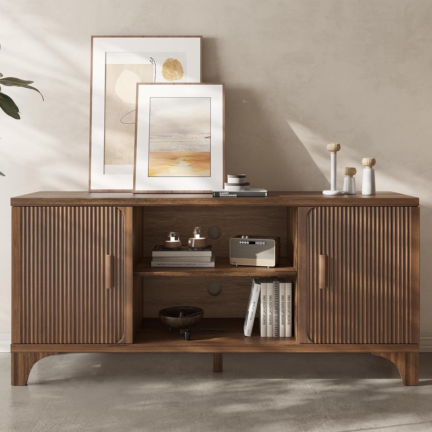 Tall Mid Century Modern TV Stand for 55/65 Inches Television, TV Console with Fluted Doors and Storage, Entertainment Center for Living Room and Bedroom, Dark Brown