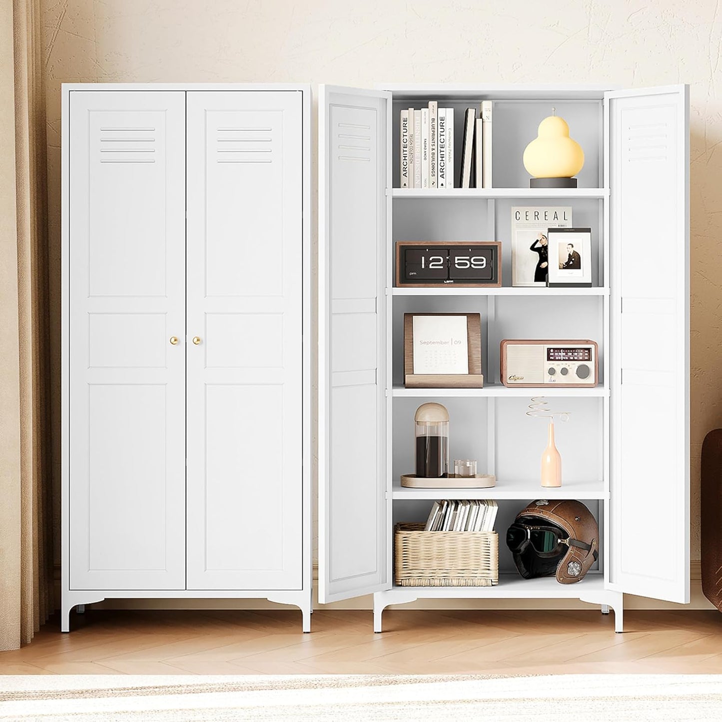 Letaya White Storage Cabinet with Feets-Metal Home Kitchen Pantry Cabinets with Doors and Adjustable Shelves,Organization Locker for Cupboard/Bedroom/Dining/Living/Bathroom/Office/Garage Room (White)