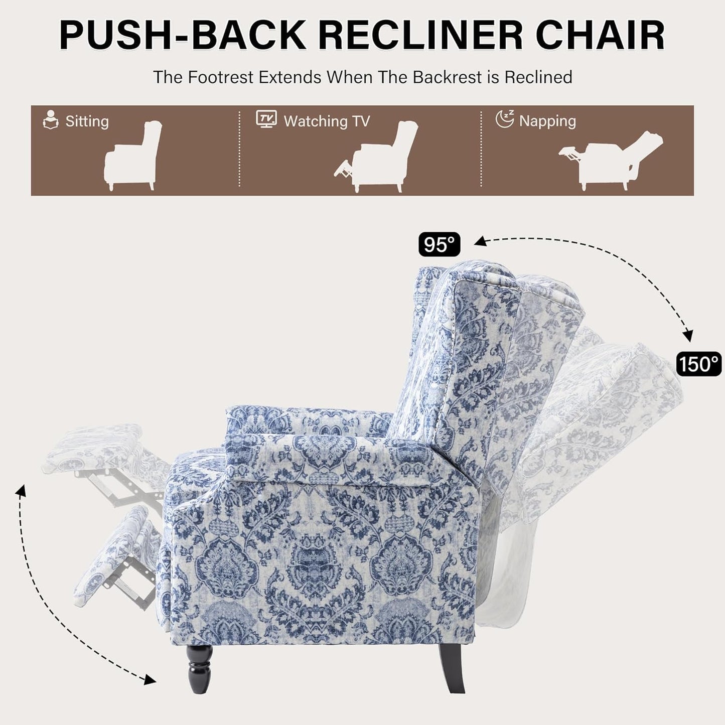 UIXE Floral Pushback Recliner Chair, Fabric Upholstered Armchair Push Back Accent Chair for Living Room, Rivet Trim Club Chair Home Theater Single Sofa Reading Seat - Navy Blue
