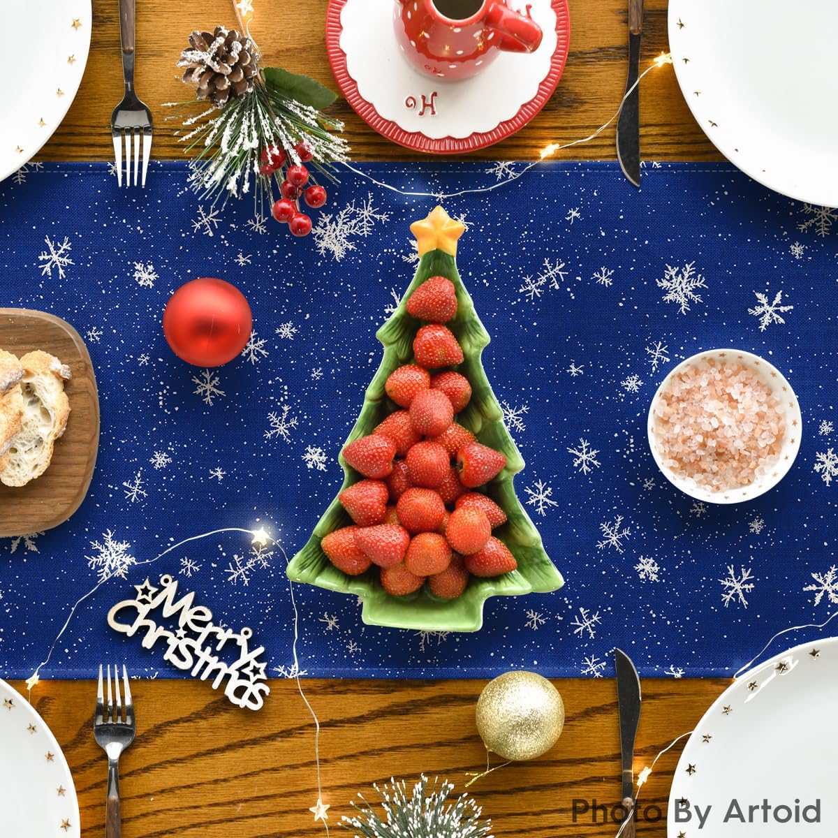 Artoid Mode Snowman Birds Trees Christmas Table Runner, Seasonal Blue Winter Holiday Kitchen Dining Table Decoration for Indoor Outdoor Home Party Decor 13 x 90 Inch