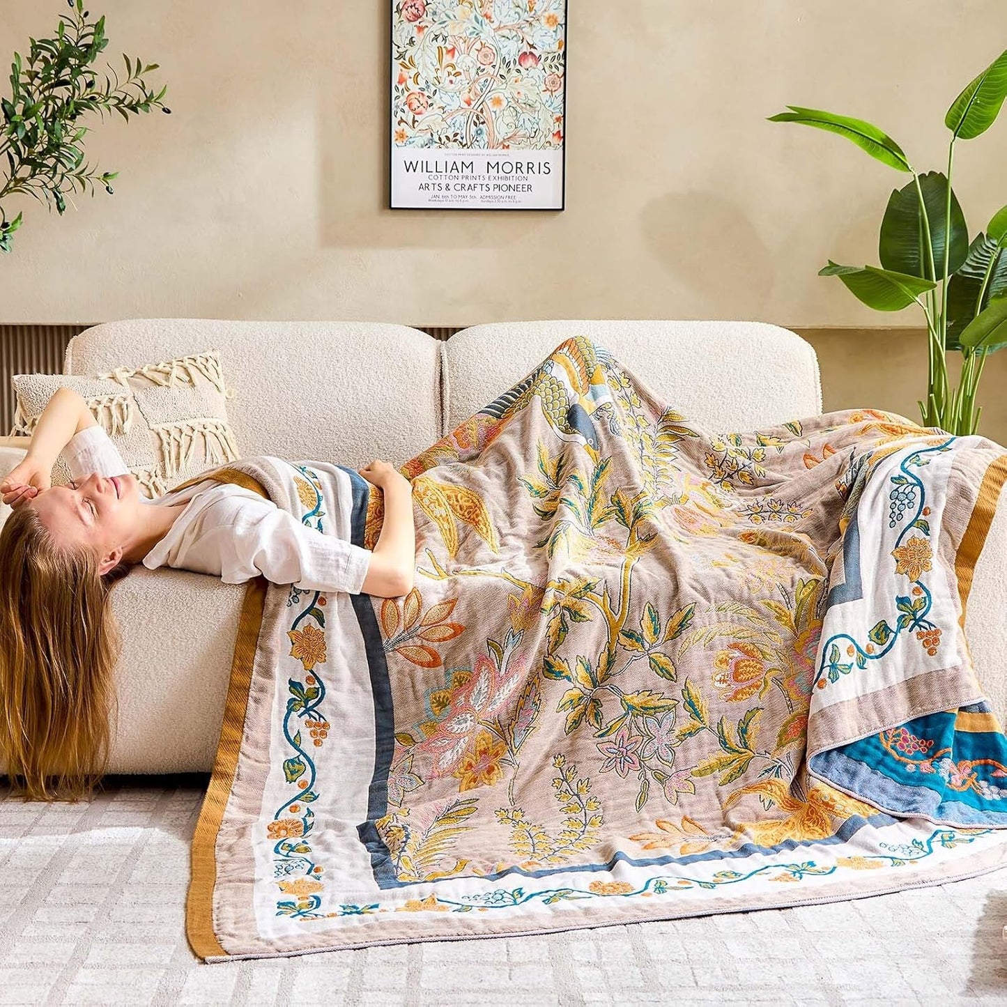 Boho Blanket, 100% Cotton Farmhouse Decorative Throw Blanket, 50"x60" Reversible Bohemian Throw Blanket, Brown All Season Muslin Breathable Woven Blankets Quilt