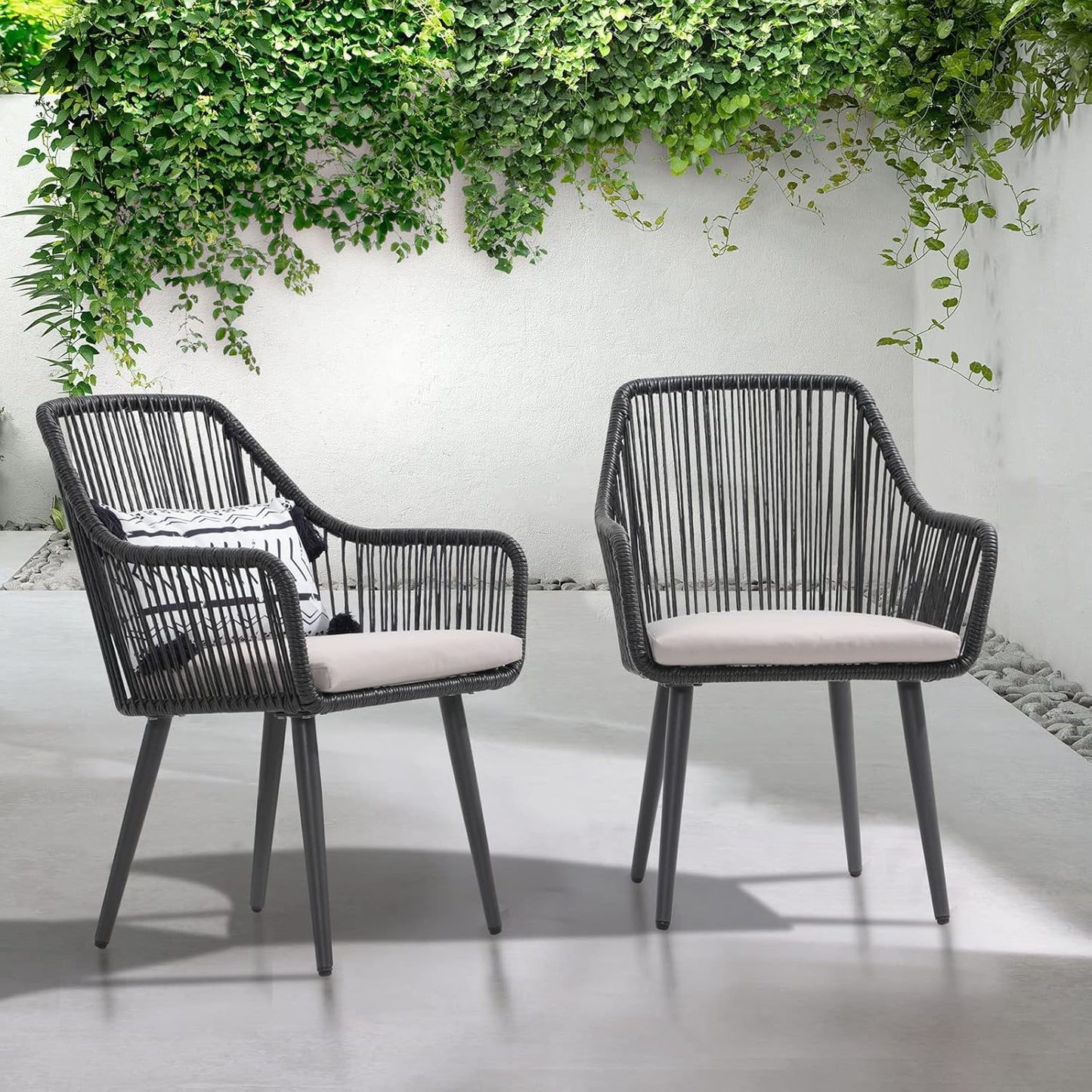 Patiorama Outdoor Dining Chairs, Patio Dining Chair Set of 2, All-Weather Woven Rope Rattan Chairs, Outdoor Dining Wicker Chairs with Armrests for Indoor Balcony Pool Backyard(Black)
