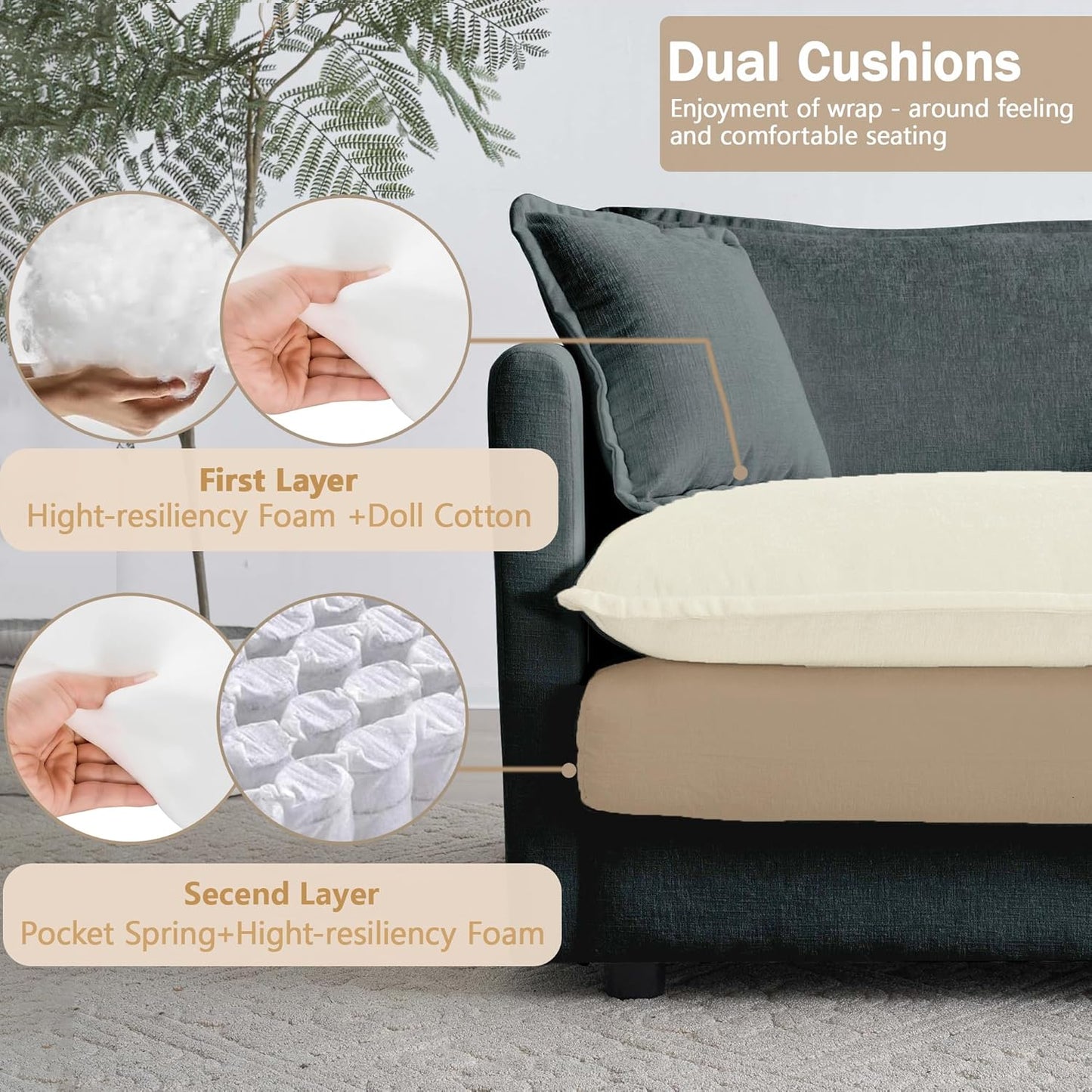 Sectional Sofa 2 Seater with Movable 1 Ottoman,Oversized Modular Couch Deep Seat (Grey, 76.7 inch-L)