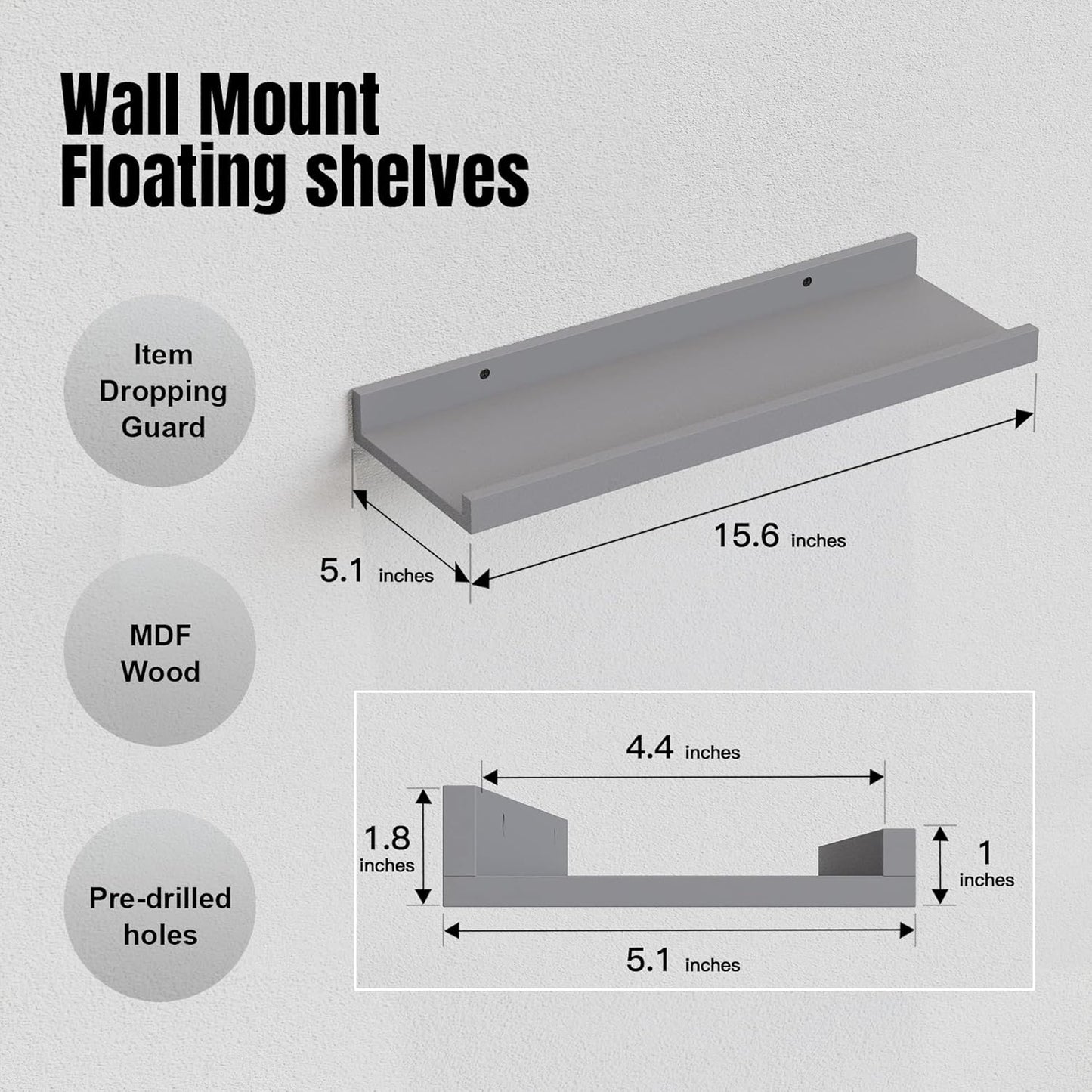 RICHER HOUSE 8 Set Floating Wall Mounted Shelves, Nursery Hanging Book Shelves with Lip for Storage, Gray Display Picture Ledge Shelf for Bedroom Bathroom Kitchen Living Room Wall Decor, Modern Grey