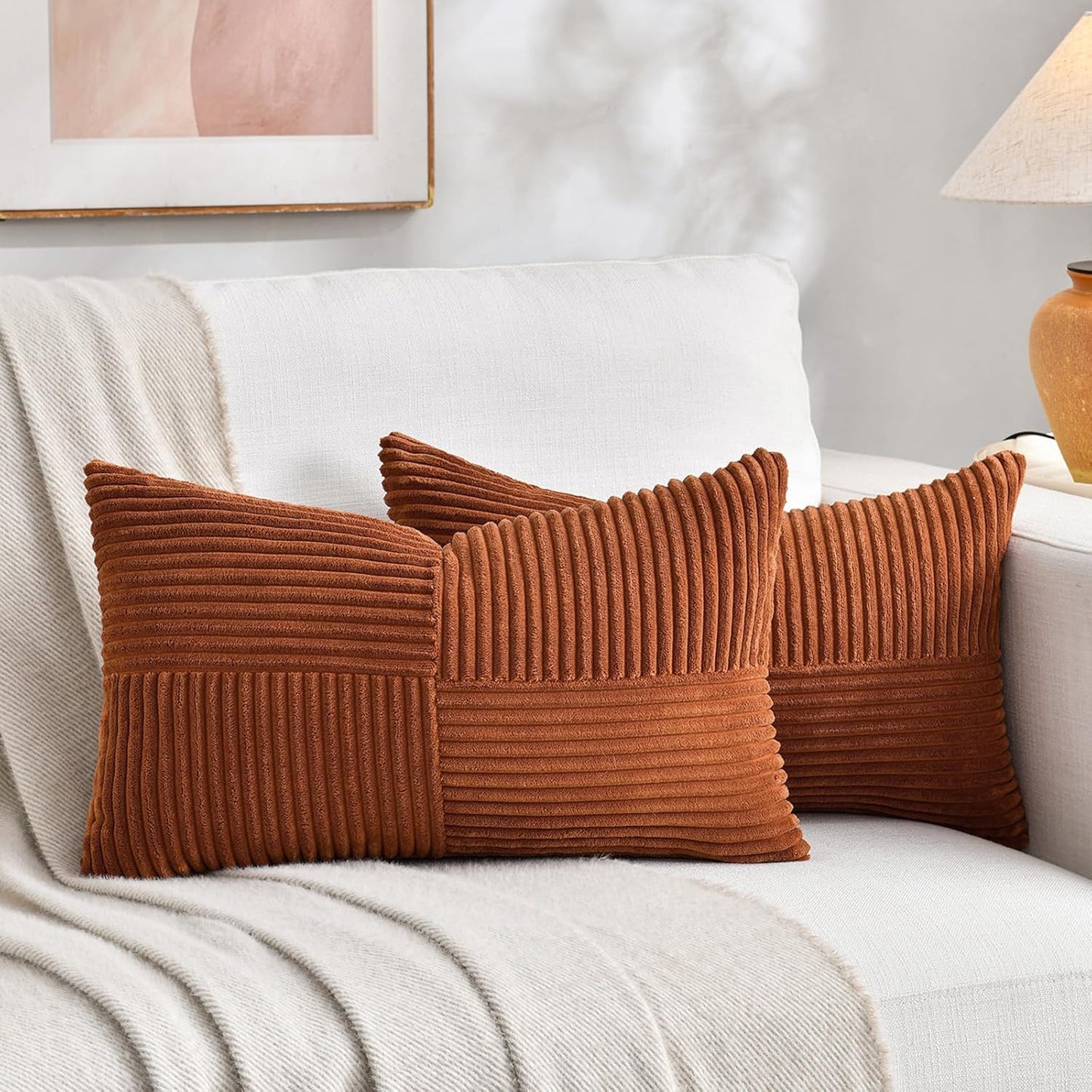 Fancy Homi 2 Packs Rust Long Lumbar Decorative Throw Pillow Covers 12x24 Inch for Couch Bed Sofa, Farmhouse Boho Home Decor, Soft Corduroy Patchwork Rectangle Terracotta Cushion Case 30x60 cm