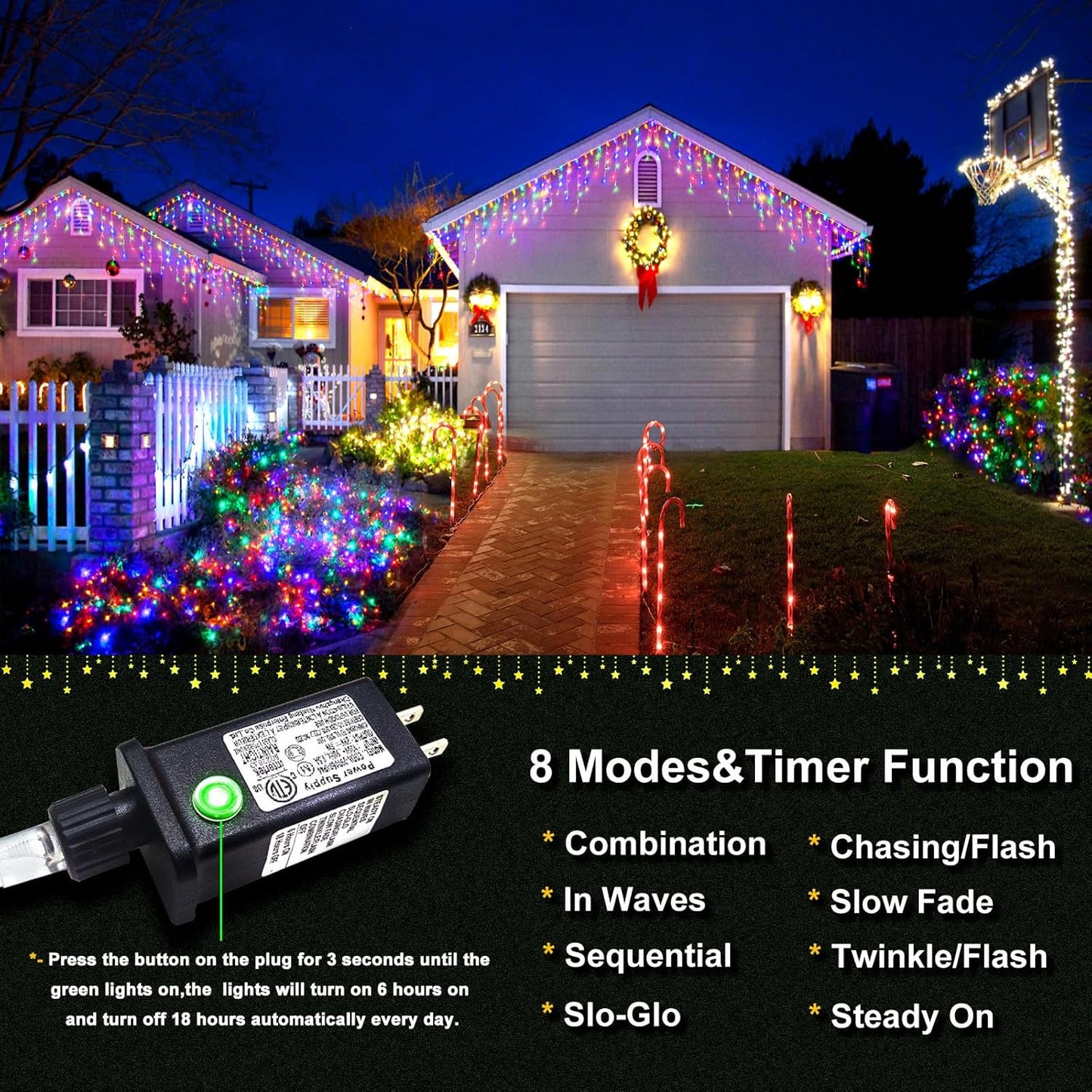 Icicle Christmas Lights Outdoor - 99FT 1216 LED Icicle Lights for Outside 8 Modes with 228 Drops, Waterproof Plug in Fairy String Lights Party Wedding Christmas Decoration Indoor, Multicolor