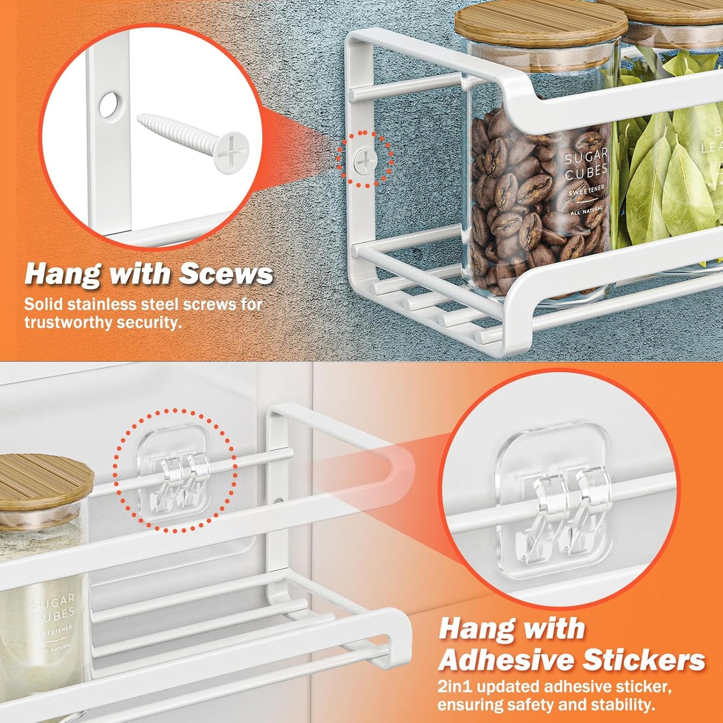 Spice Rack wall mounted 2 Pack, Space-Saving Spice Organizer for Spice Jars and Seasonings,Screw or Adhesive Hanging Spice Rack Organizer for Your Kitchen Cabinet,or Pantry Door,White