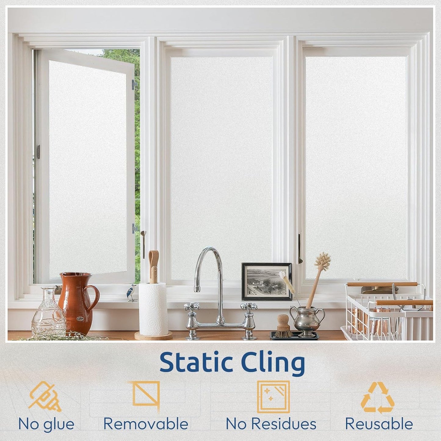 rabbitgoo Window Privacy Film, Non-Adhesive Frosted Glass Window Film for Bathroom, Static Cling Heat Blocking Stickers for Home Indoor Opaque Frosting Coverings House Tint, Matte White 17.5" x 118.1"