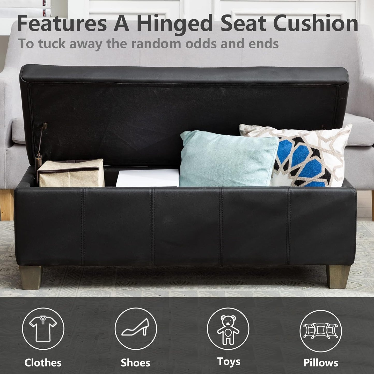 Black Faux Leather Ottoman with Storage, Rectangular Extra Long Storage Bench for Bedroom and Living Room