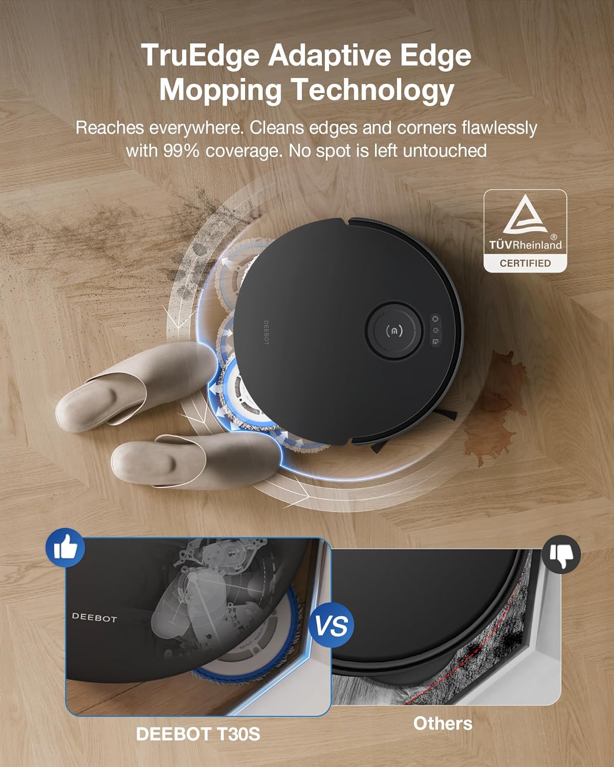 ECOVACS DEEBOT T30S Combo Robot Vacuum and Mop, All in One Cleaning Hub, 11000Pa, ZeroTangle Technology, TruEdge Adaptive Edge, Dual Self-Emptying, Hot Water Washing