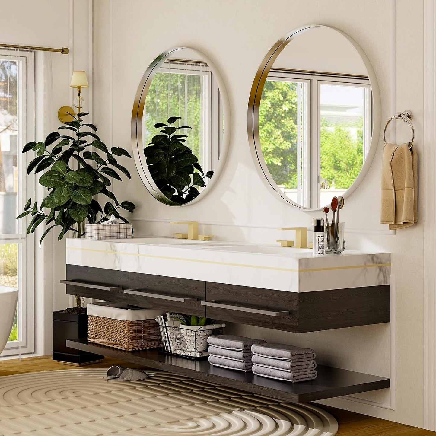 32 Inch Silver Round Bathroom Mirror - Wall Mounted Circle Mirror with Metal Frame, Modern Mirror Suitable for Bathroom, Vanity, Entryway, Living Room, Wall Decor