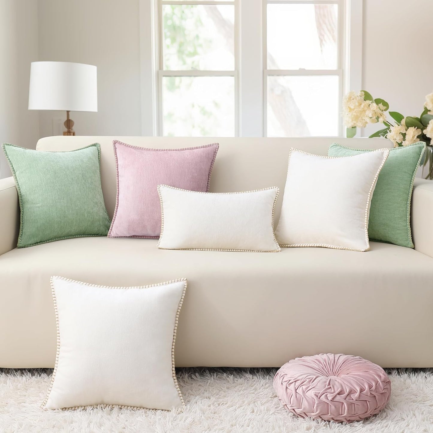 decorUhome Chenille Soft Throw Pillow Covers 12x20 Set of 2, Lumbar Velvet Farmhouse Neutral Decorative Euro Pillow Covers with Stitched Edge for Couch Sofa Bed Home Decor, Sage Green