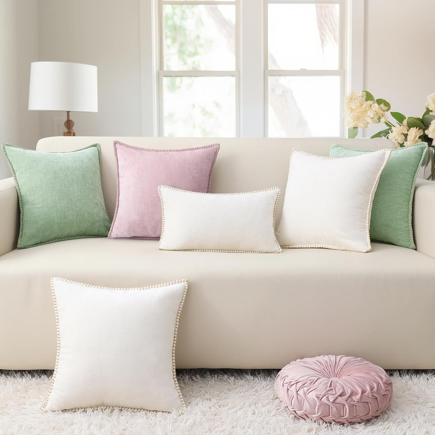 decorUhome Chenille Soft Throw Pillow Covers 16x16 Set of 2, Farmhouse Velvet Neutral Decorative Euro Pillow Covers with Stitched Edge for Couch Sofa Bed Home Decor, Blush Pink