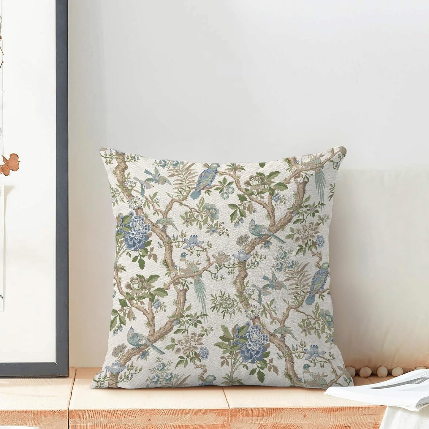 CXMEIFLY Chinoiserie Spring Pillow Covers 16 x 16 Inch Set of 2 for Blue Sage Green Vintage Flowers Bird Decor Throw Pillows Plant Farmhouse Outdoor Decorative Cushion Cases for Couch Bed Decorations