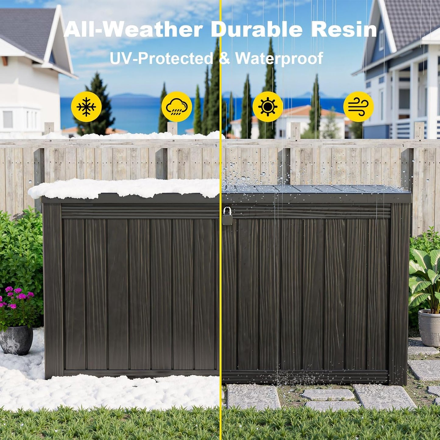DRATO 150 Gallon Outdoor Storage Box, Large Waterproof Deck Box, Lockable Resin Storage Container with Reinforced Support for Patio Cushions, Garden Tools, UV-Resistant Outdoor Chest（Black）