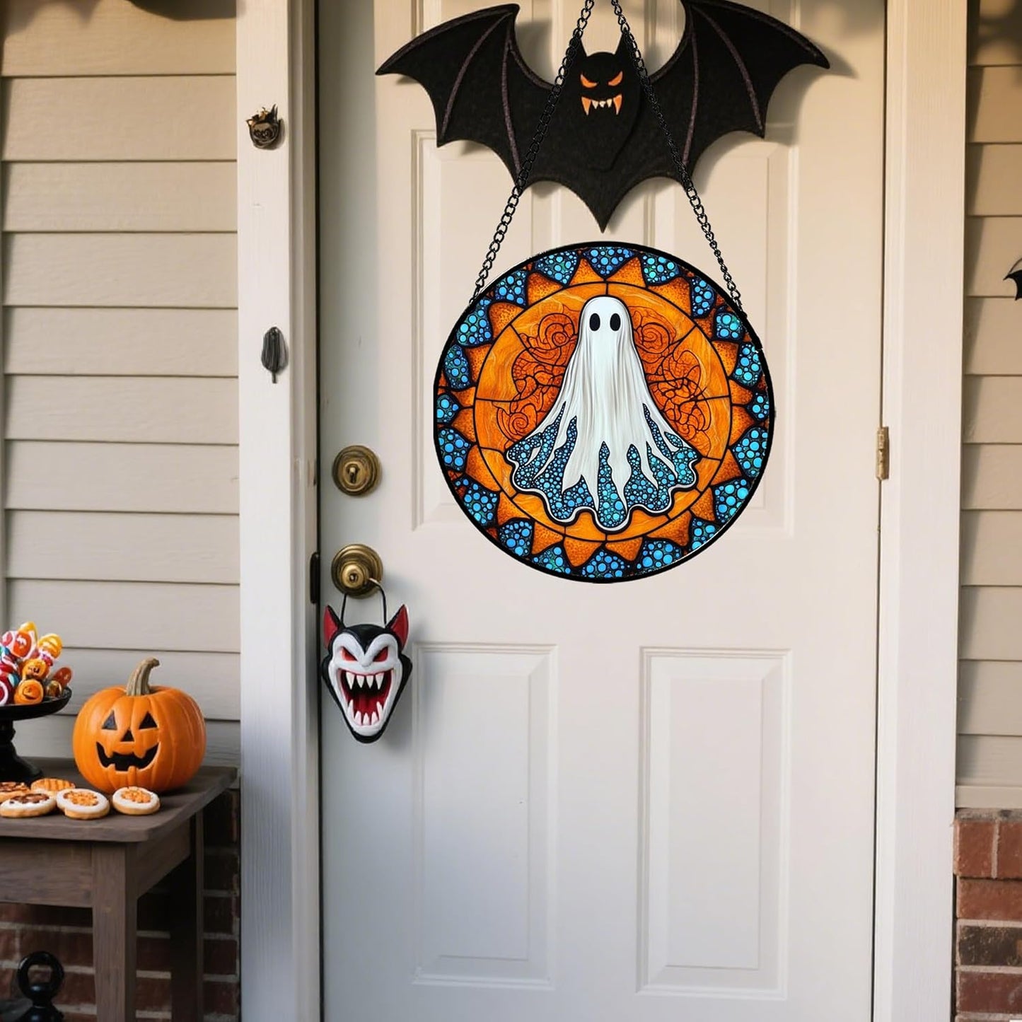 Stained Glass Window Hanging - Halloween Decorations White Ghost Suncatcher for Doors Garden Indoor Spooky Funny Blue Sun Catchers Gothic Decor Horror Gifts for Women Men Friend 11.8 in