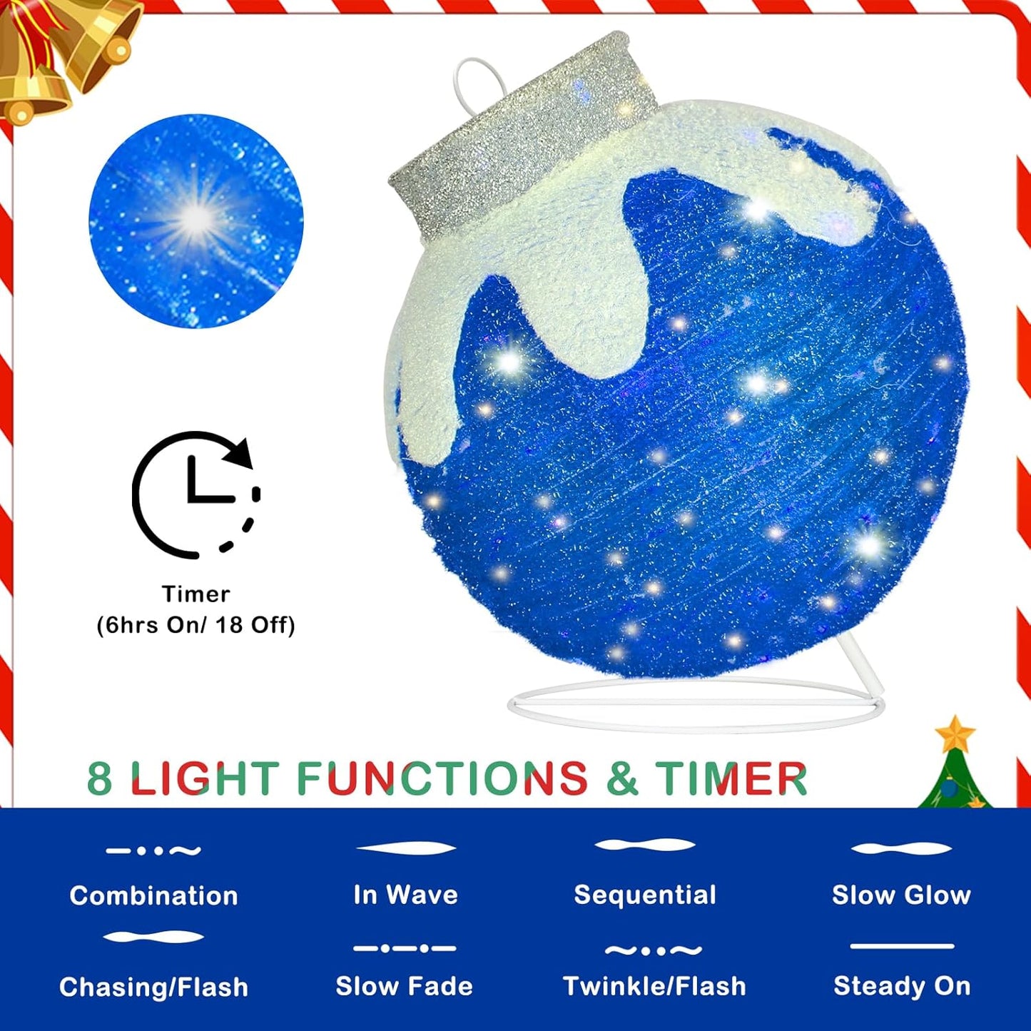 BRIGHTDECK 2 Pcs Outdoor Christmas Ornaments, Lighted Pop-Up Outdoor Holiday Ball Decoration with 80 LED Lights, 8 Light Modes, Lighted Collapsible Holiday Decorations for Yard, Home (RedBlue)