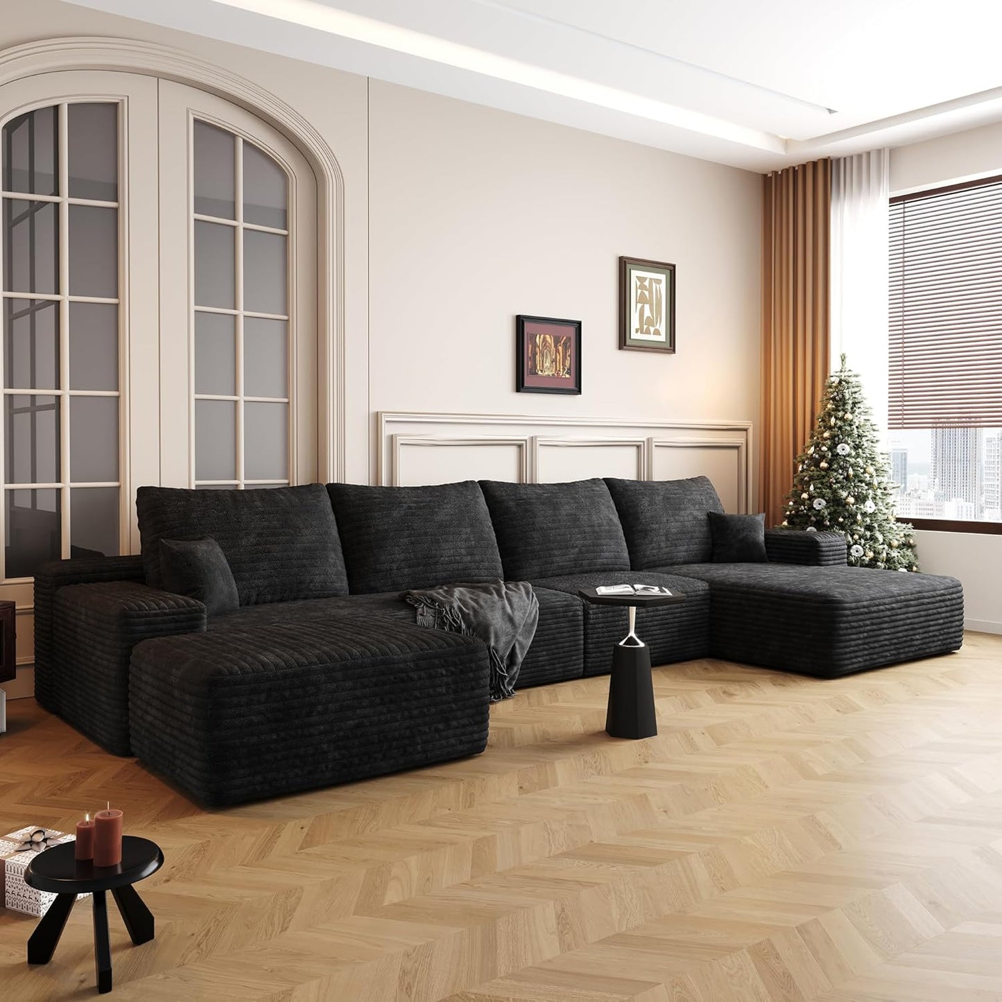136" Sectional Couches for Living Room Modern Modular Sofa with L-Shape Couchs Upholstered Boneless Couch Deep Seat Sectional Couch with Chaise (Black, Right Facing Chaise+3Seaters+Ottoman)