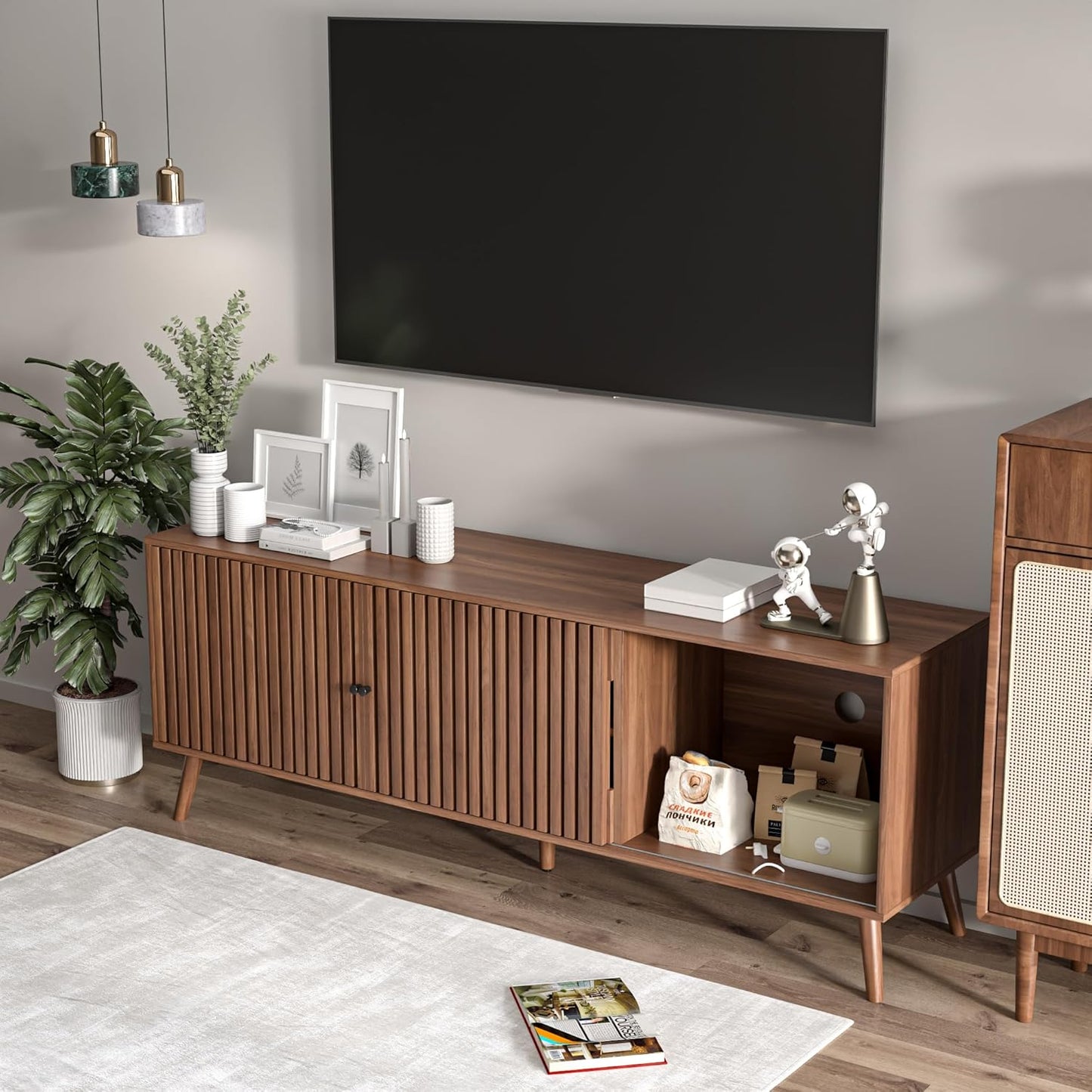 Mid Century Modern TV Stand for Televisions up to 70 Inches, with Sliding Doors and Storage, Television Stands, TV Consoles, Media Consoles for Living Room, 63 Inch (Walnut)