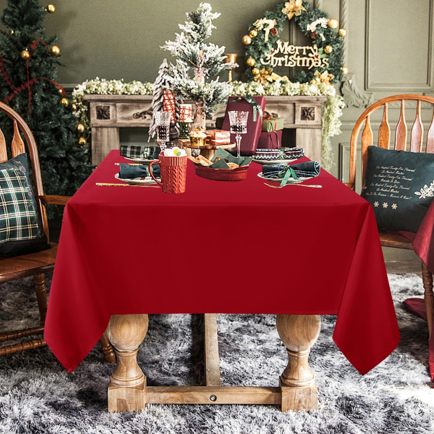 sancua Rectangle Tablecloth - 90 x 132 Inch - Water Resistant Spill Proof Washable Polyester Table Cloth, Decorative Fabric Table Cover for Dining Tables, Buffet Parties and Camping, Red