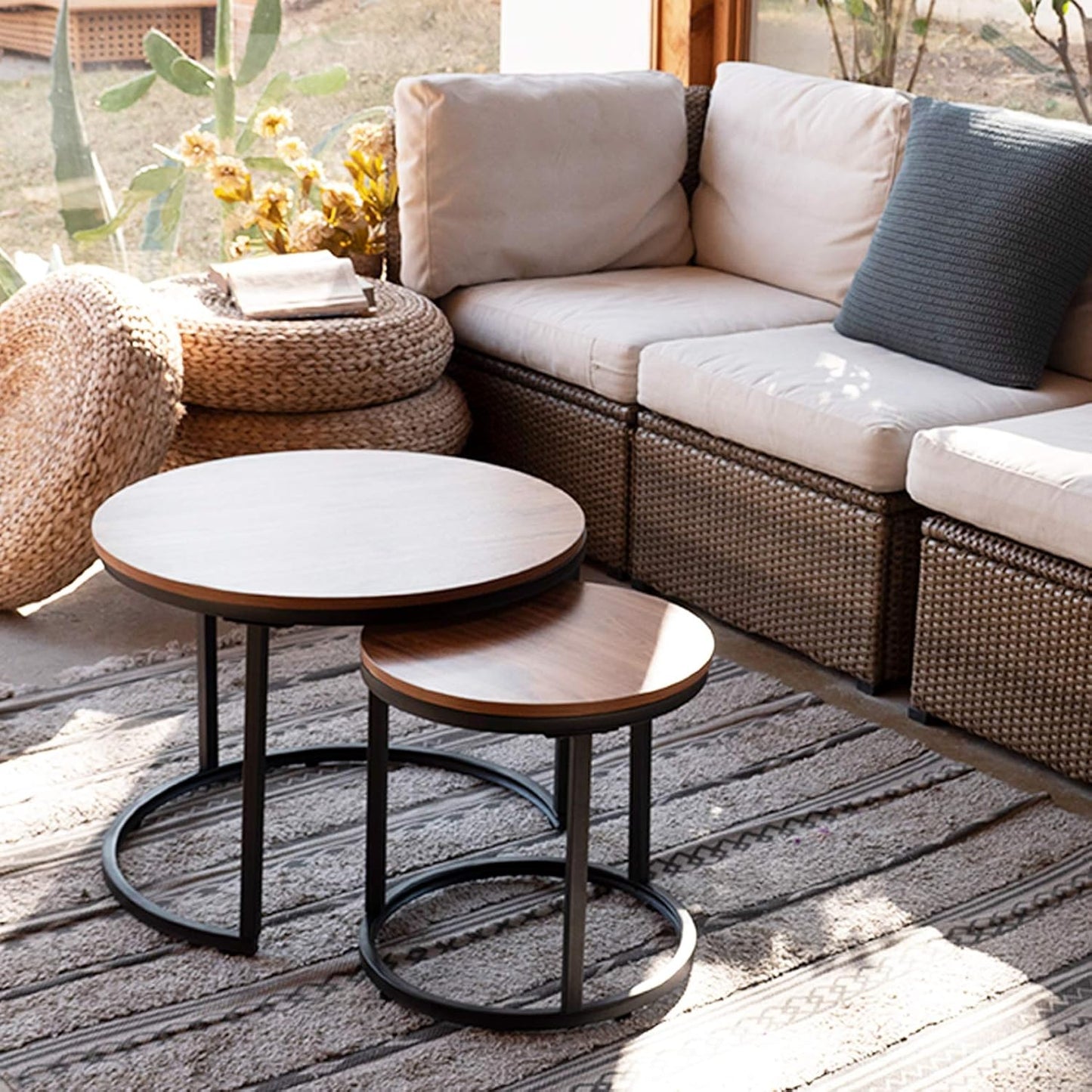 aboxoo Coffee Table Nesting Side Round Set of 2 End Table Top Sturdy Metal Frame Desk Centerpiece Living Room Bedroom Apartment Modern Industrial Simple Nightstand
