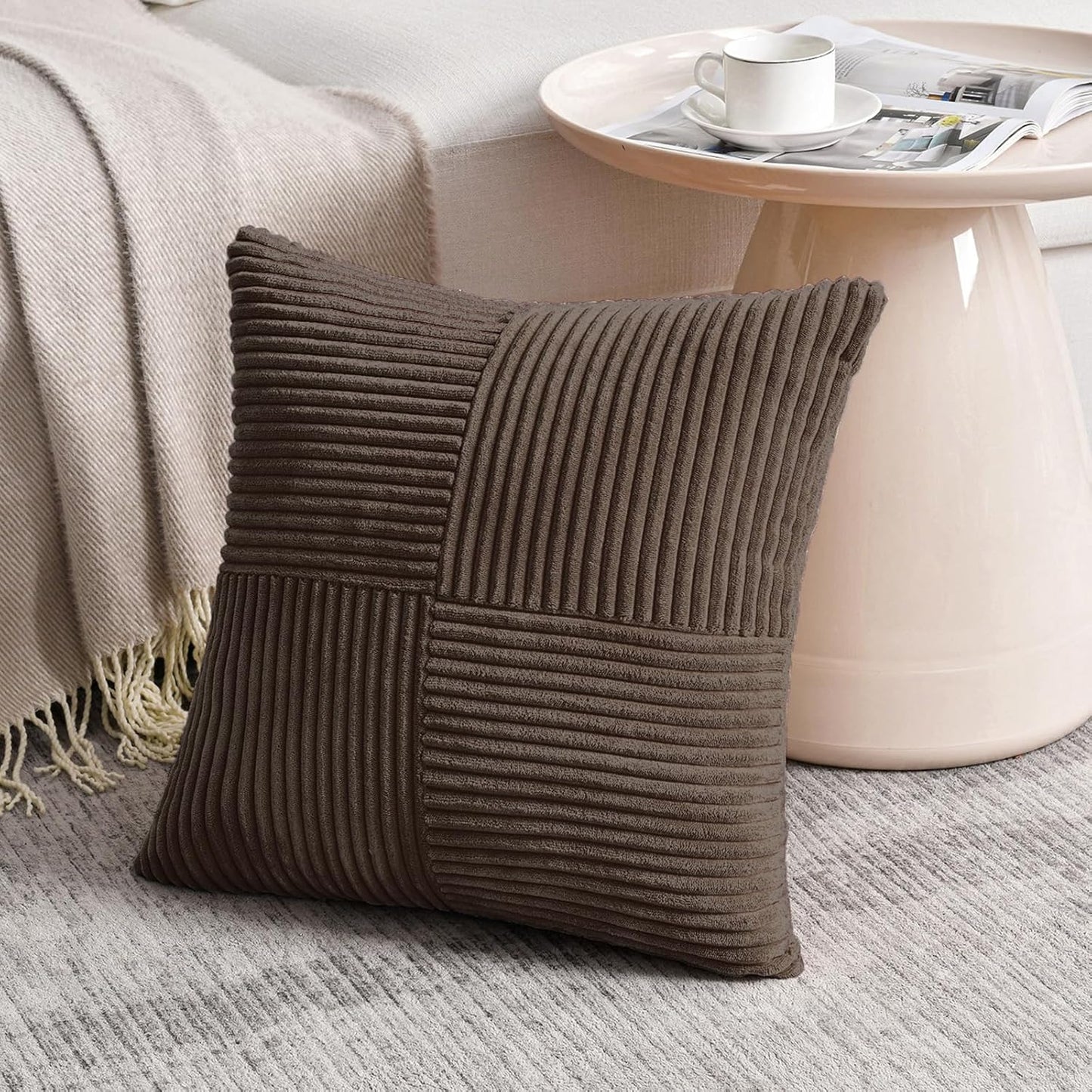 Fancy Homi 2 Packs Dark Brown Euro Decorative Throw Pillow Covers 26x26 Inch for Couch Bed, Rustic Farmhouse Boho Home Decor, Soft Corss Corduroy Patchwork Textured Square Cushion Case 66x66 cm