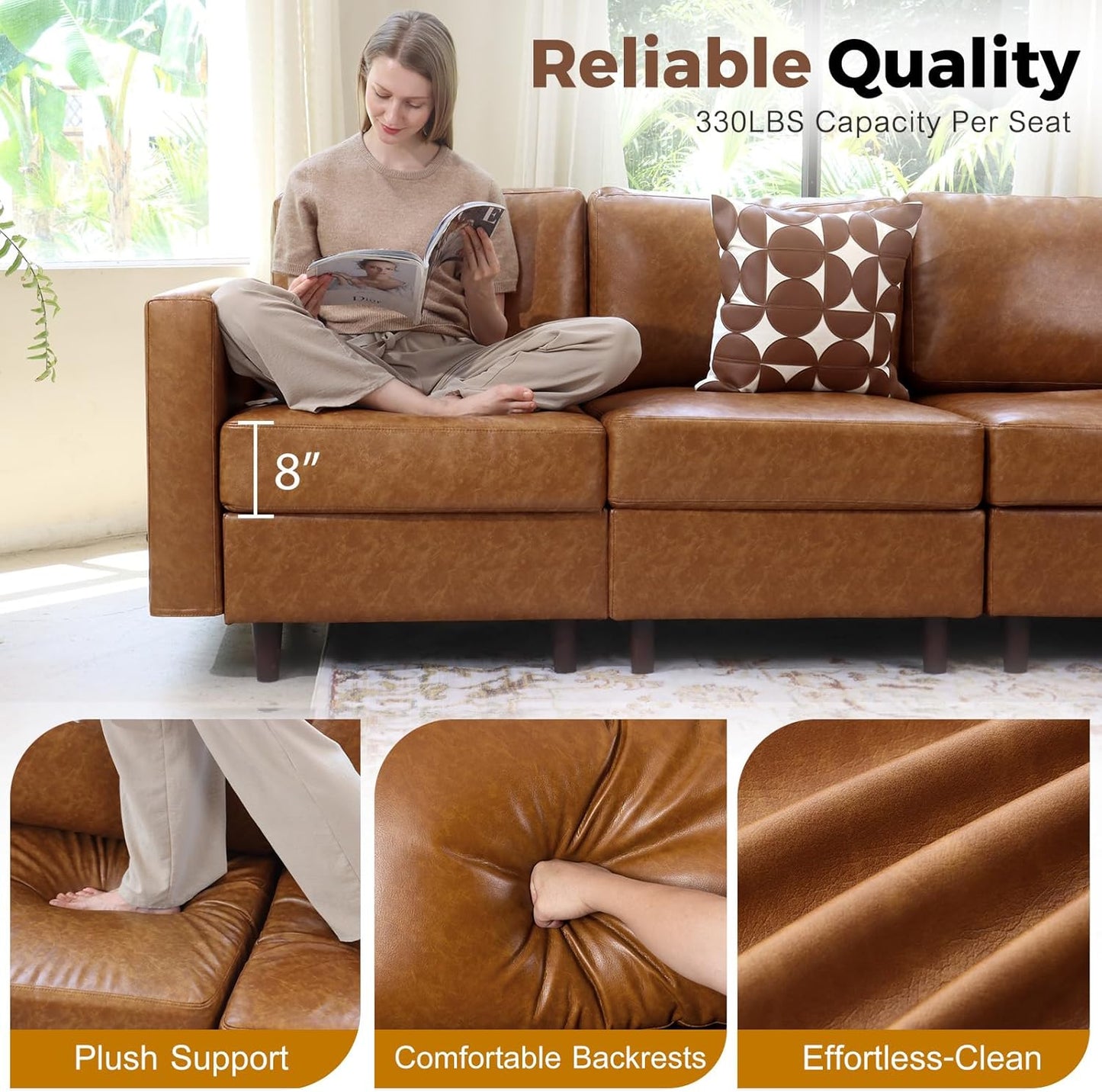ABCASA 118.5" Faux Leather Modular Sectional Sofa, L Shaped Couch Set for Living Room, 6-Seater Comfy Cloud Couches with Movable Storage Ottoman Brown