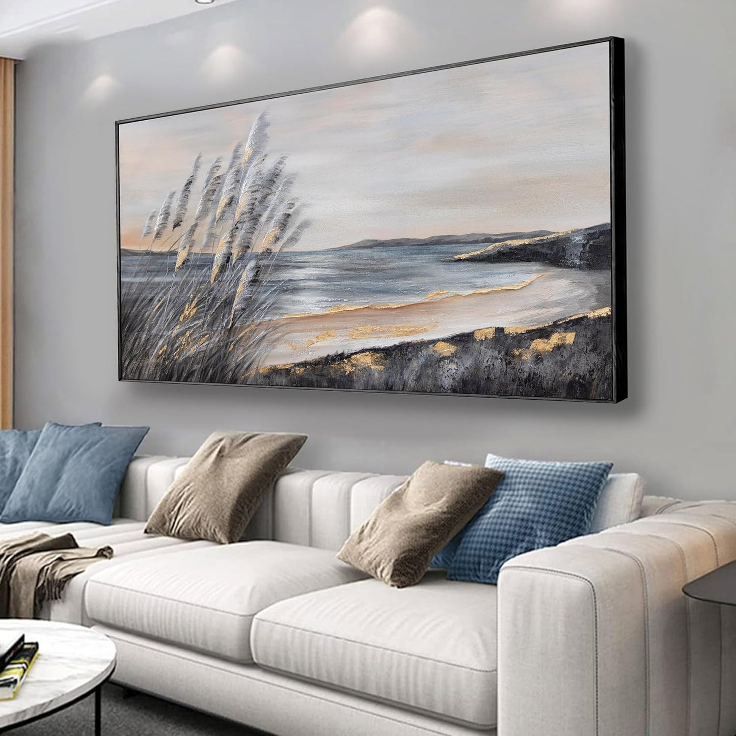 Yuaxker Ocean Wall Art Grey and Black Wall Decor Framed art Aesthetic Coastal Canvas Painting for Living Room Bedroom Dining Room Office Home Decor 24x48 Inch