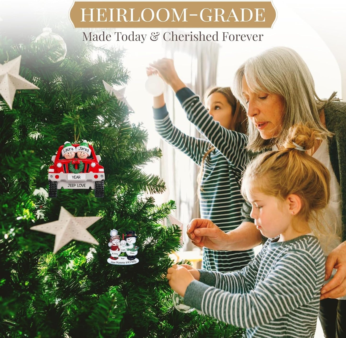Personalized Family of 4 Ornament 2025 | Free 24h Customization | Christmas Ornaments for Tree | Custom Gift Wrapped Green Glitter Keepsake for Four Persons