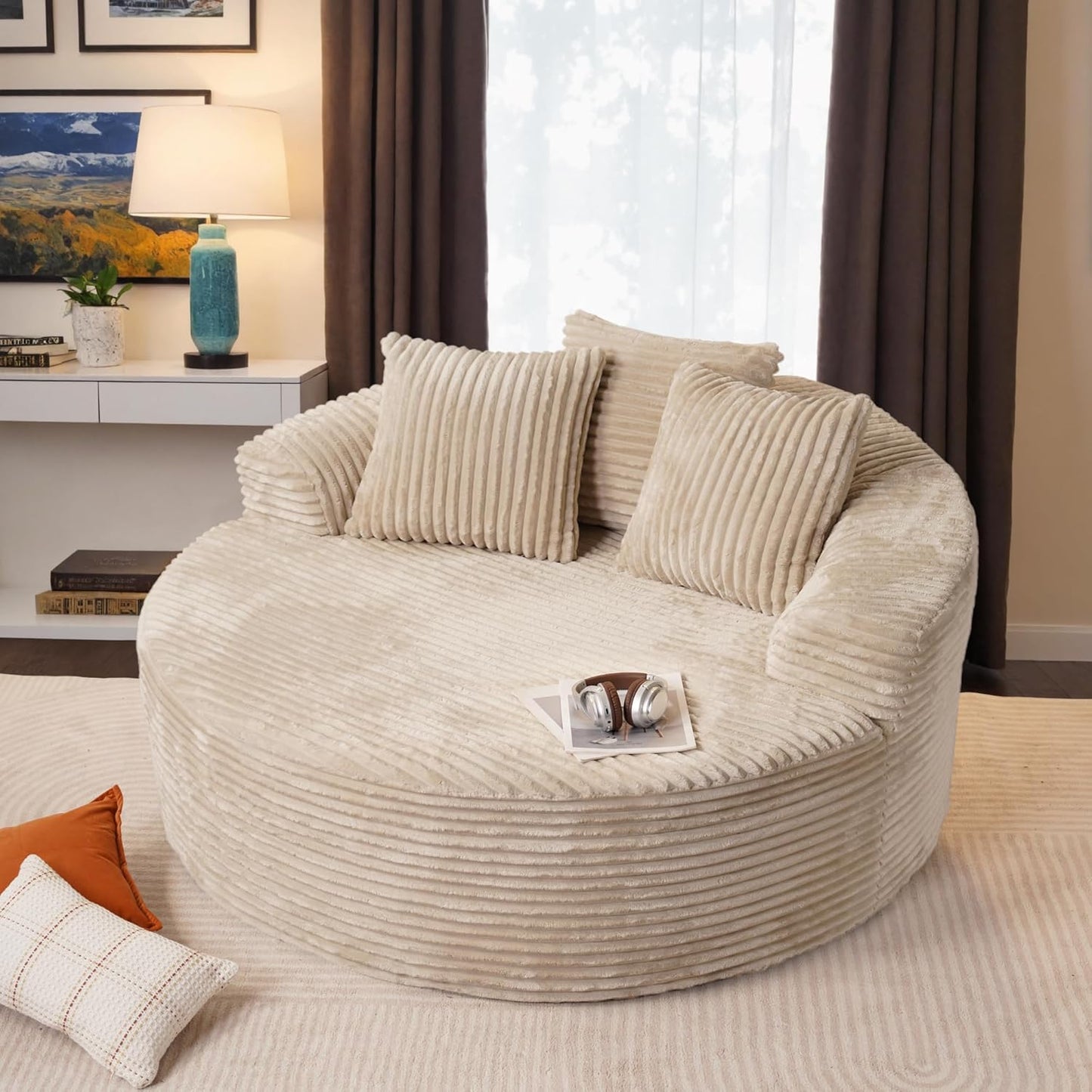 ovios 58" Oversized Round Chair Lounge Chaise Indoor, No Assembly Required, Cloud Large Circle Chair with Plush Fuax Fur, Fluffy Modern Sleeper Sofa Bed for Reading Yoga, Beige (Plush Corduroy Fabric)