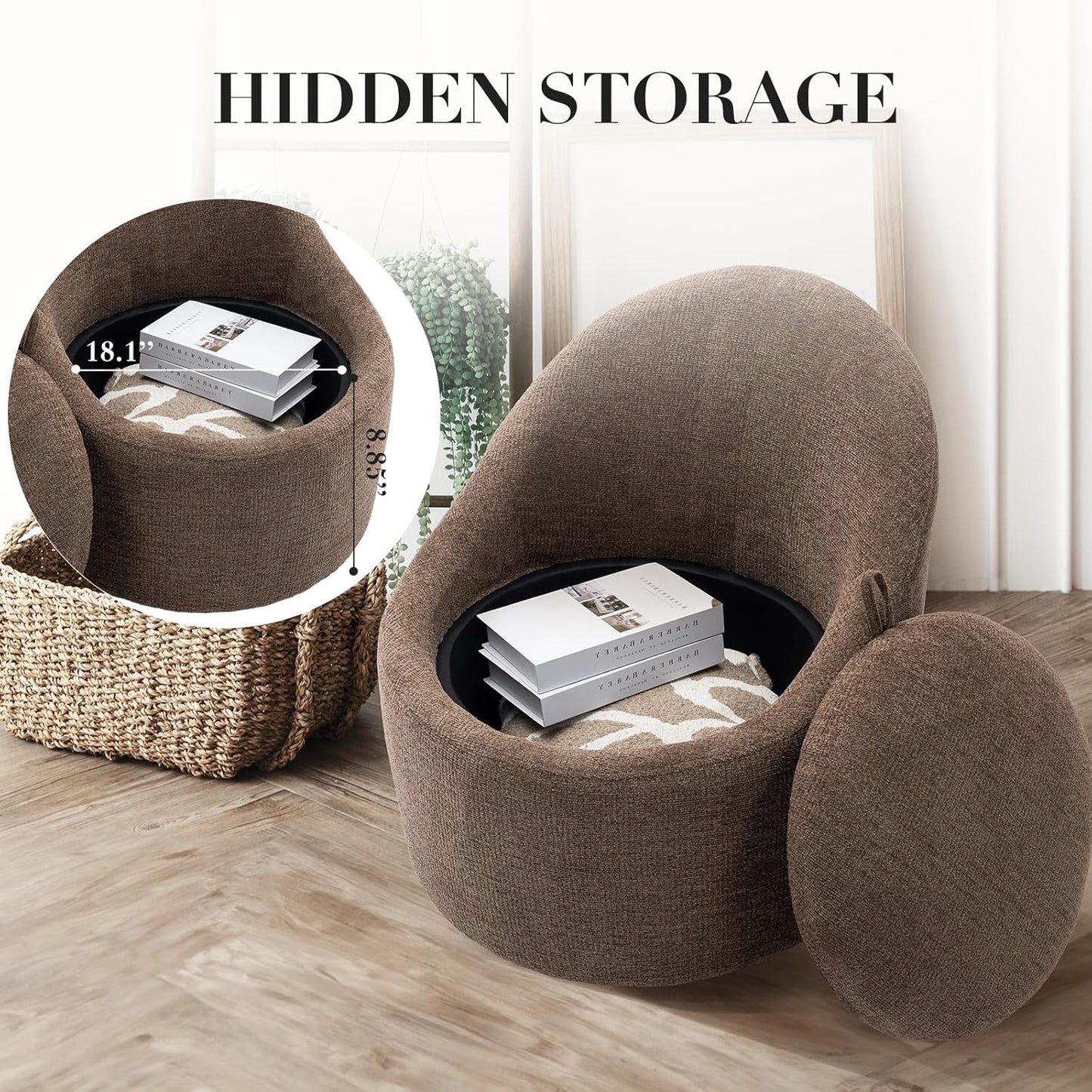 COLAMY Swivel Accent Chair, 360° Swivel Chair with Hidden Storage, Modern Small Barrel Swivel Armchair for Living Room/Bedroom, Brown