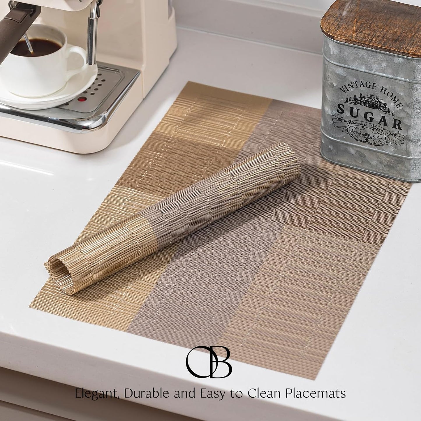 Placemats Set of 6 - Easy Clean Woven Vinyl Placemats for Dining Table, Indoor/Outdoor Place Mats, Washable PVC Table Mats （Gold Dune）
