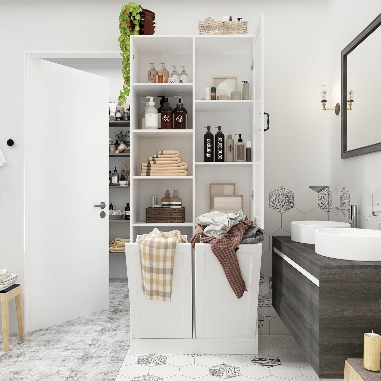 ECACAD Tall Bathroom Storage Cabinet with Shelves and Tilt-Out Laundry Hampers, Freestanding Floor Cabinet for Living Room, Bedroom & Kitchen, White (31.5”W x 13.8”D x 78.7”H)