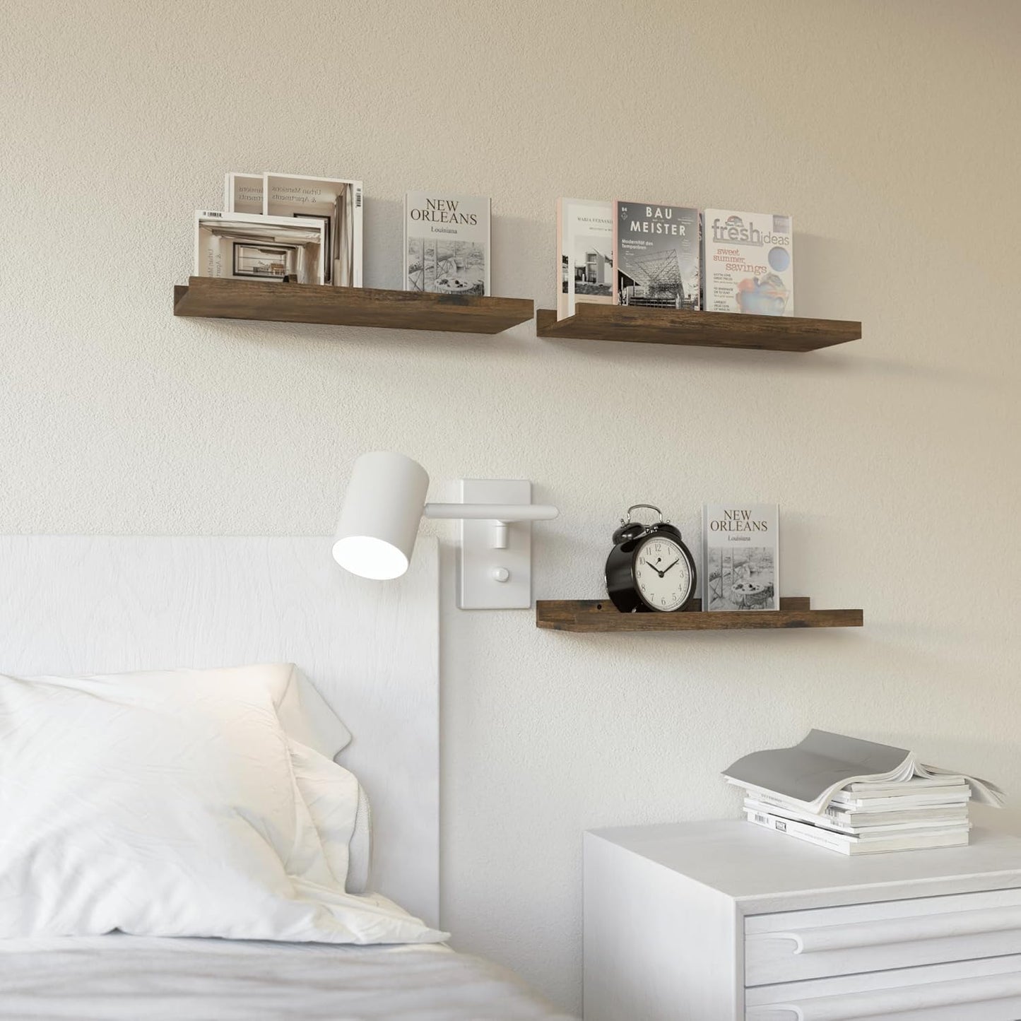 RICHER HOUSE 3 Set Floating Shelves for Wall Decor, Mounted Book Shelf, Nursery Picture Ledge With Lip for Storage, Bedroom, Living Room, Bathroom - Brown