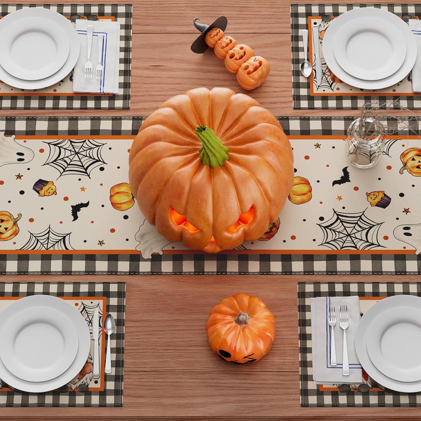 XCHI Spooky Boo Plaid Gnome Halloween Table Runner Party Table Decoration for Home Kitchen Dining Holiday Decor 13x48 Inch