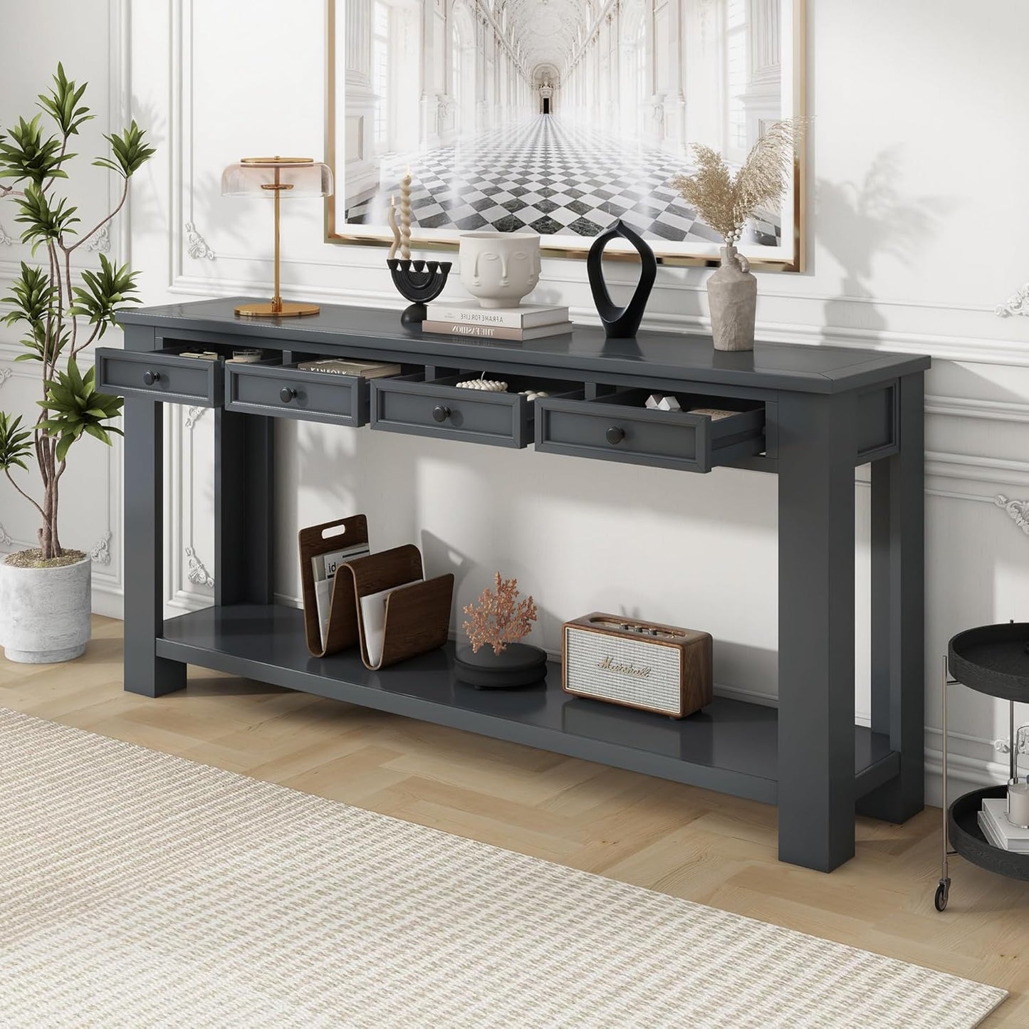 Solid Wood Console Table 63 in Long Sofa Table Entryway Table with 4 Drawers and Bottom Shelf for Hallway Living Room Couch Table,Fully Assembled,63" Tan