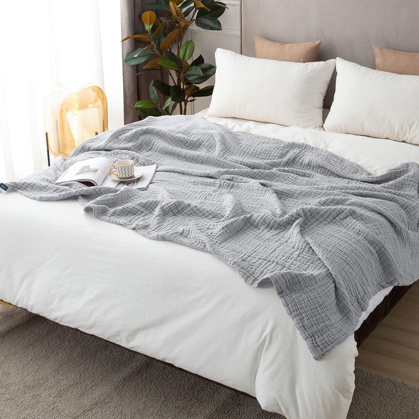EMME Cooling Throw Blanket for Hot Flashes Muslin Throw Blanket 100% Cotton Throws Gauze All Season Soft Lightweight Breathable (Light Grey, 60"x80")