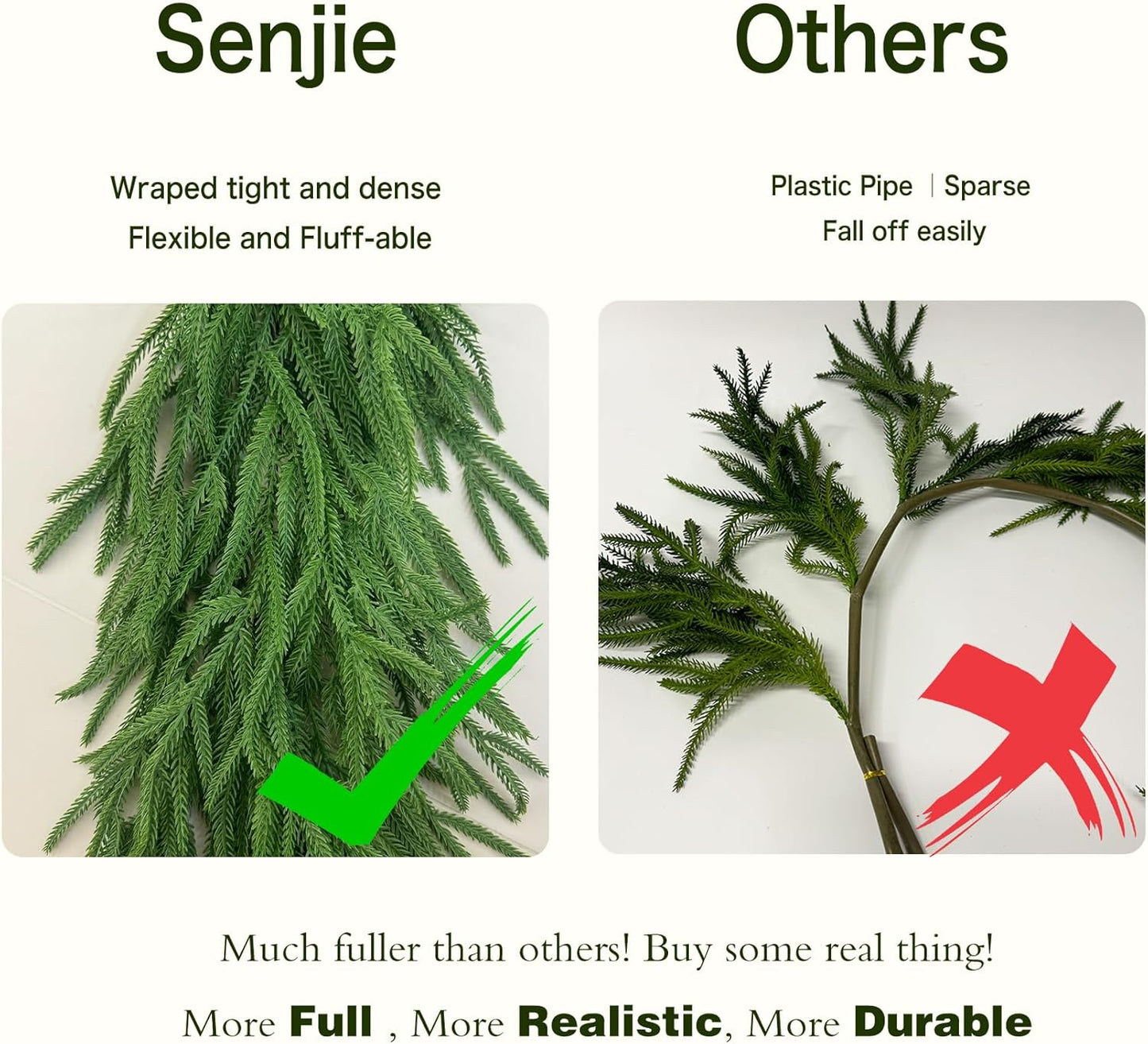 9FT Christmas Garlands Norfolk Pine Garland Real Touch Artificial Faux Greenery Garland for Holiday Indoor Outdoor Decor
