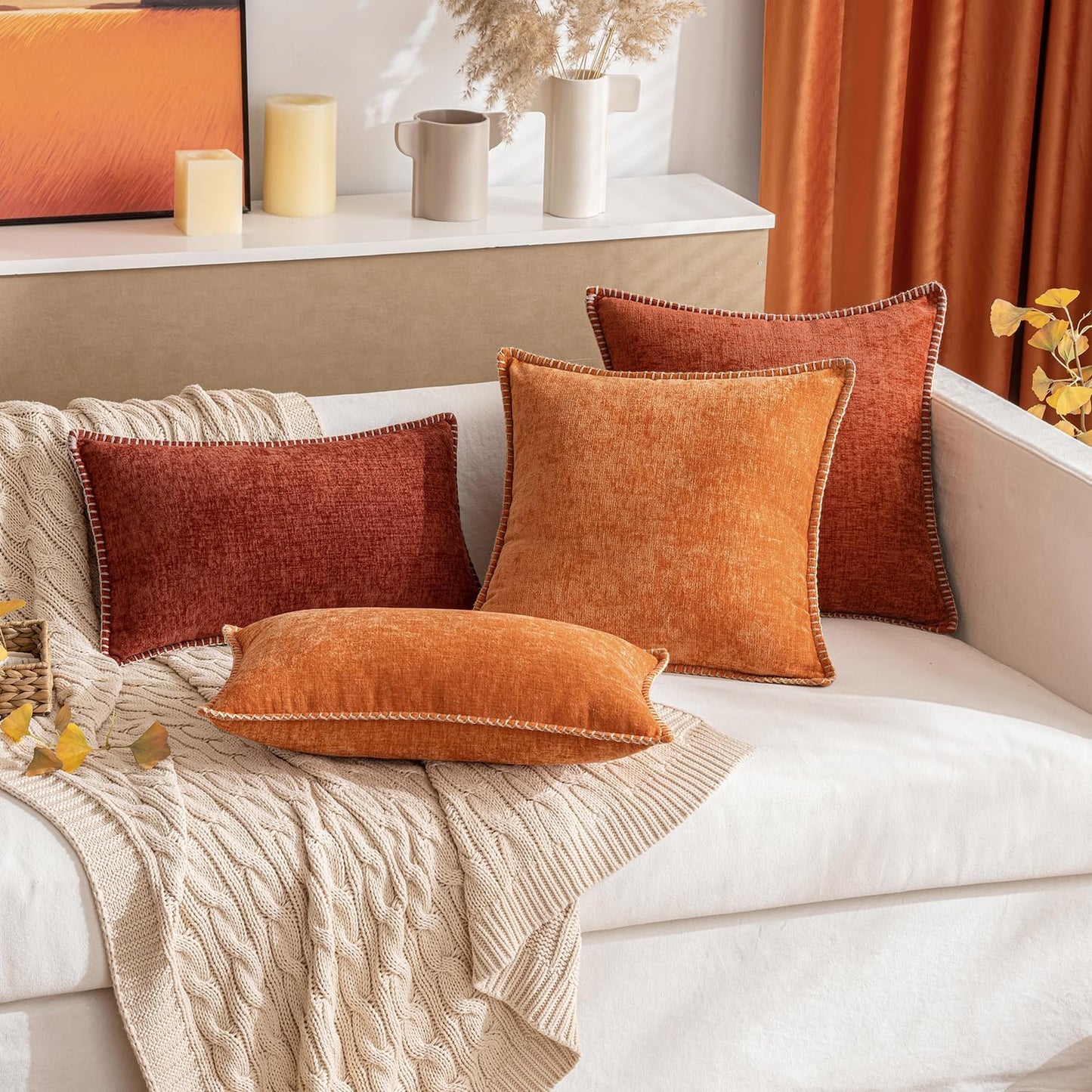 MIULEE Pack of 2 Fall Couch Throw Pillow Covers 20x20 Inch Burnt Orange Farmhouse Decorative Pillow Covers with Stitched Edge Soft Chenille Solid Dyed Pillow Covers for Sofa Bed Living Room