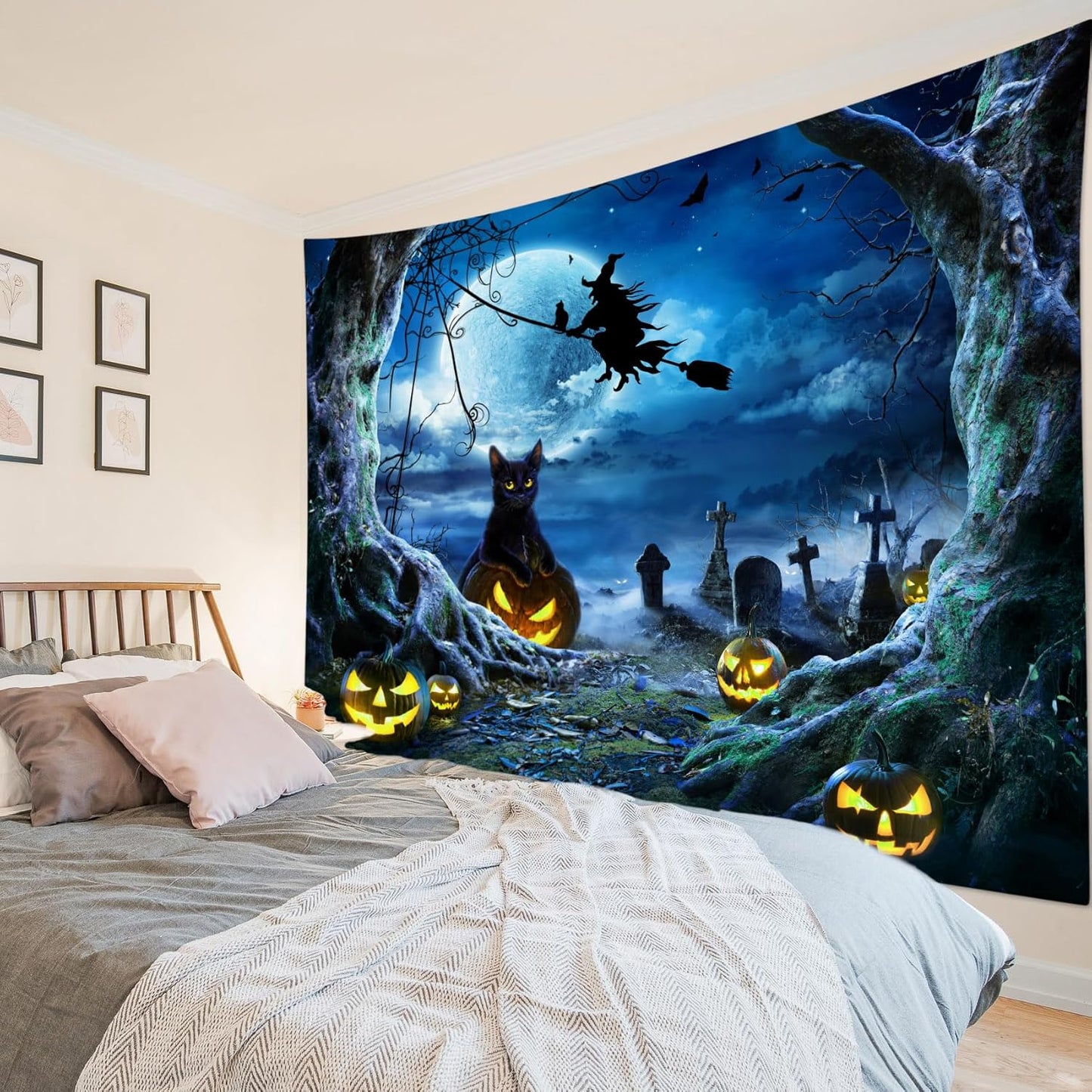 LB Halloween Wall Tapestry 59x51 Inch - Spooky Graveyard Scene with Witch, Black Cat, Pumpkin, Full Moon & Dead Tree Decor for Bedroom, Living Room, Dorm, Party