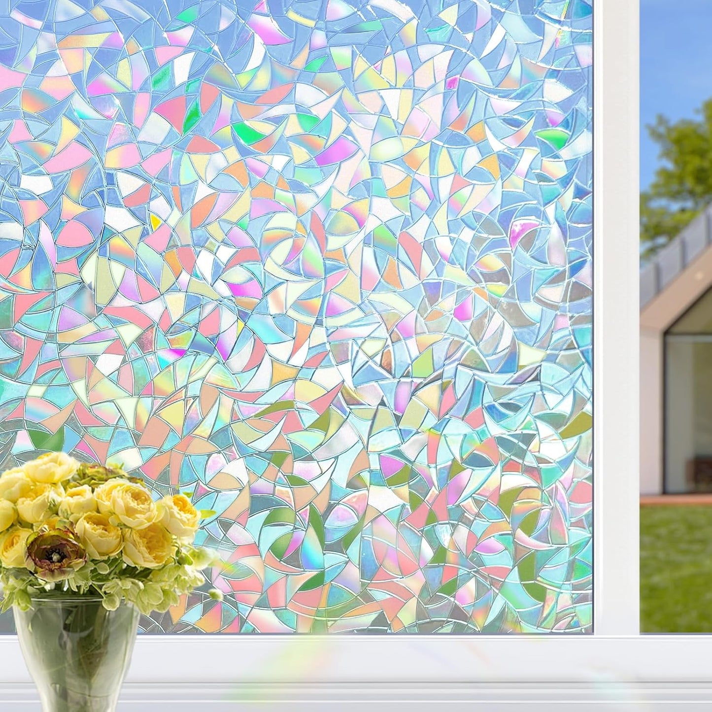 HIDBEA Window Privacy Film Static Clings, Rainbow Window Film, 3D Decals Non-Adhesive Window Vinyl Film for Home Door, 35.4 Inch × 6.5 Feet
