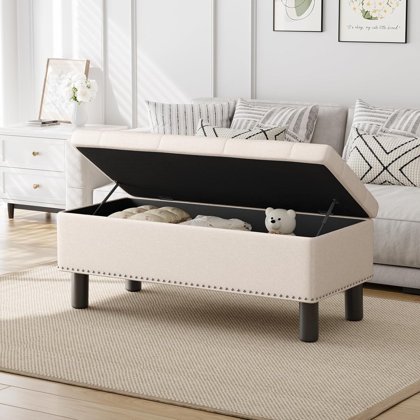 Furniliving 42” Ottoman Bench with Storage, Folding Storage Ottoman Benches with Wood Legs, Upholstered Bedroom Bench with Button-Tufted, Entryway Bench for Bedroom, Linen, Beige