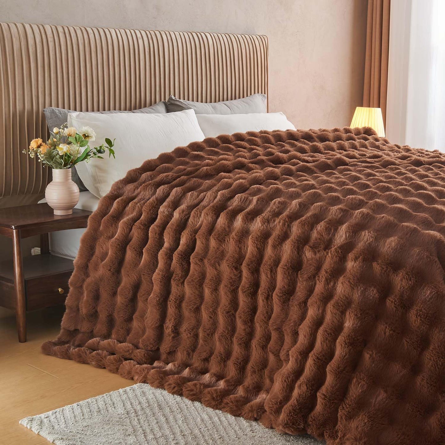 Lotus Karen Faux Fur Throw Blanket Dark Coffee - Big Bubble Rabbit Fluff Blanket for Couch Bed Sofa,Softest Fluffy Fuzzy Cozy Blanket,Thick Furry Plush Shaggy Warm Blankets for Women,90x90 Inches