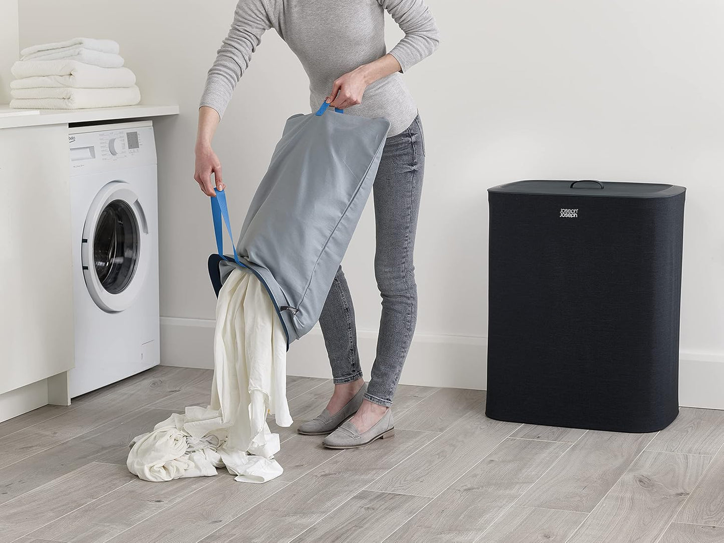 Joseph Joseph Tota 90 liter/23.8 gallon Laundry Hamper Separation Basket with lid, 2 Removable Washing Bags with Handles - Black