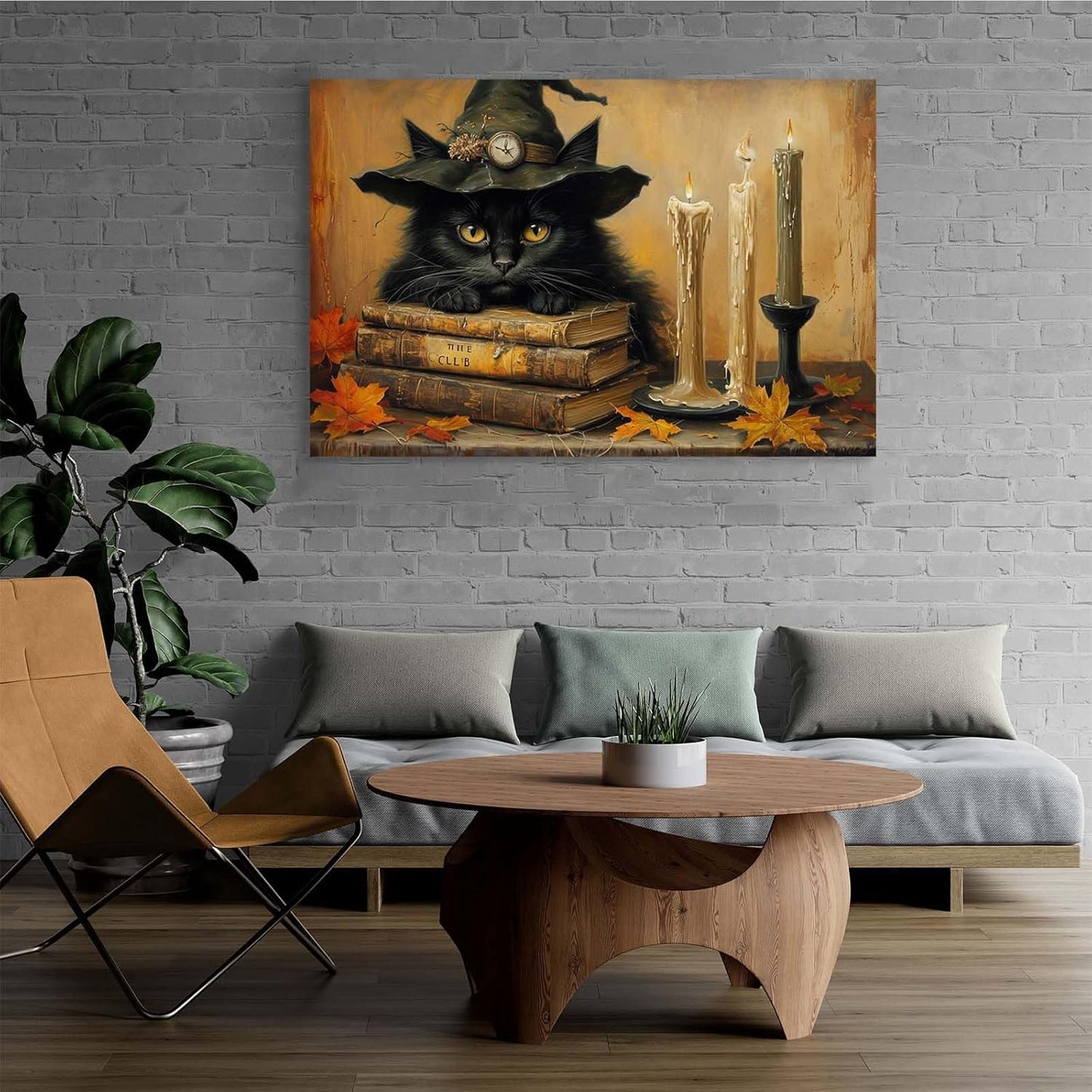 JFHCQJPK Vintage Halloween wall decoration black cat and magic book suitable for home bedroom living room decoration dark classic art witch wall decoration32x48in Frameless